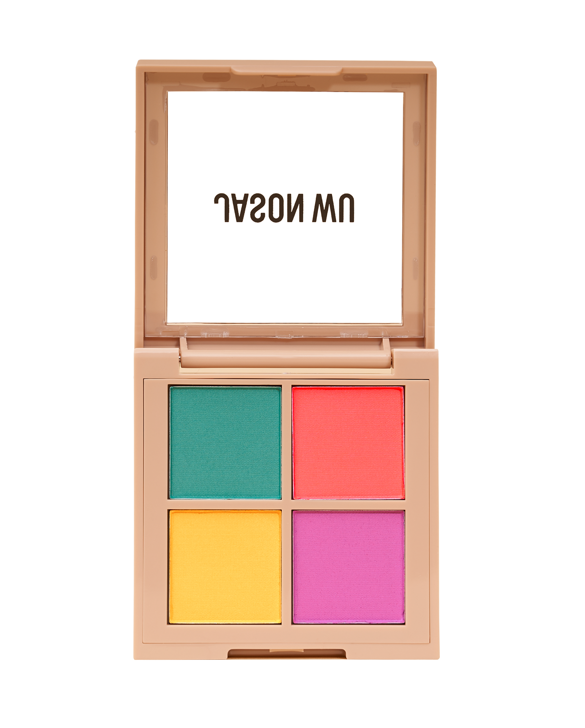 Open makeup palette with four colorful eyeshadows