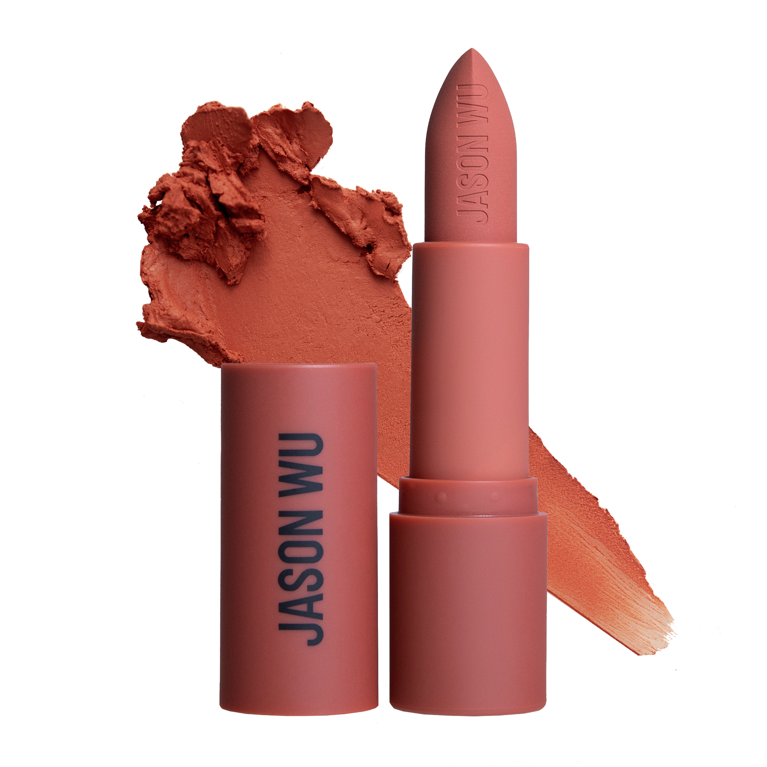 Matte terracotta lipstick with open tube and swatch