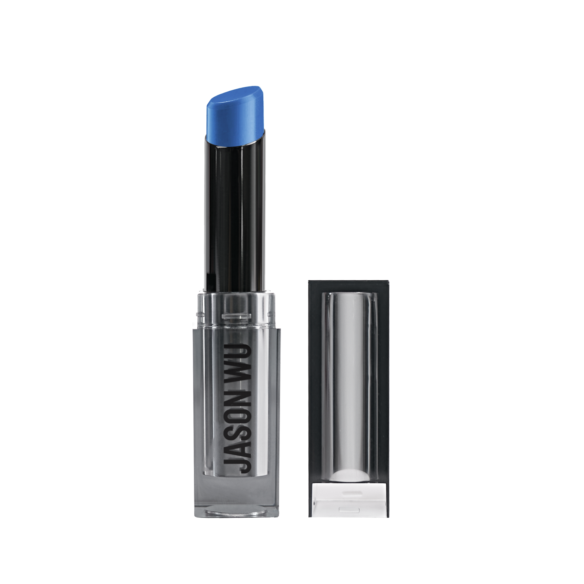 Blue lipstick in a clear case against a white background