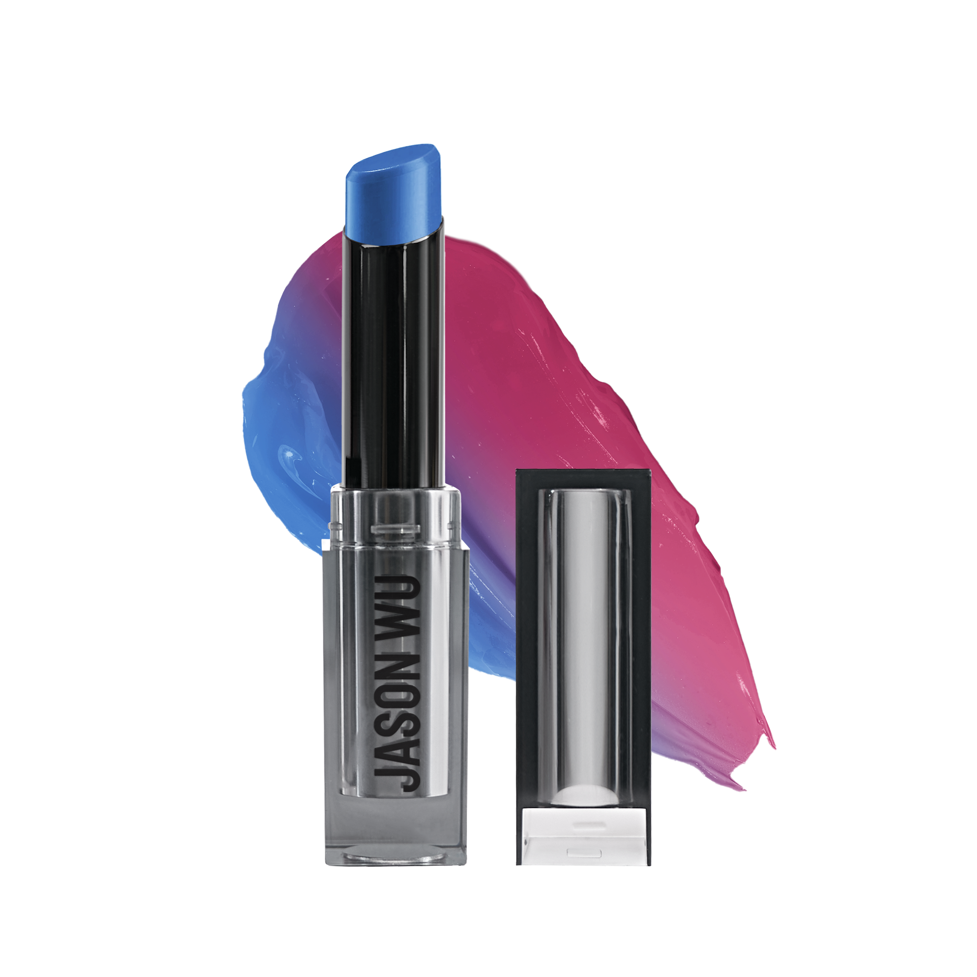 Blue lipstick with pink and blue paint swatches in the background