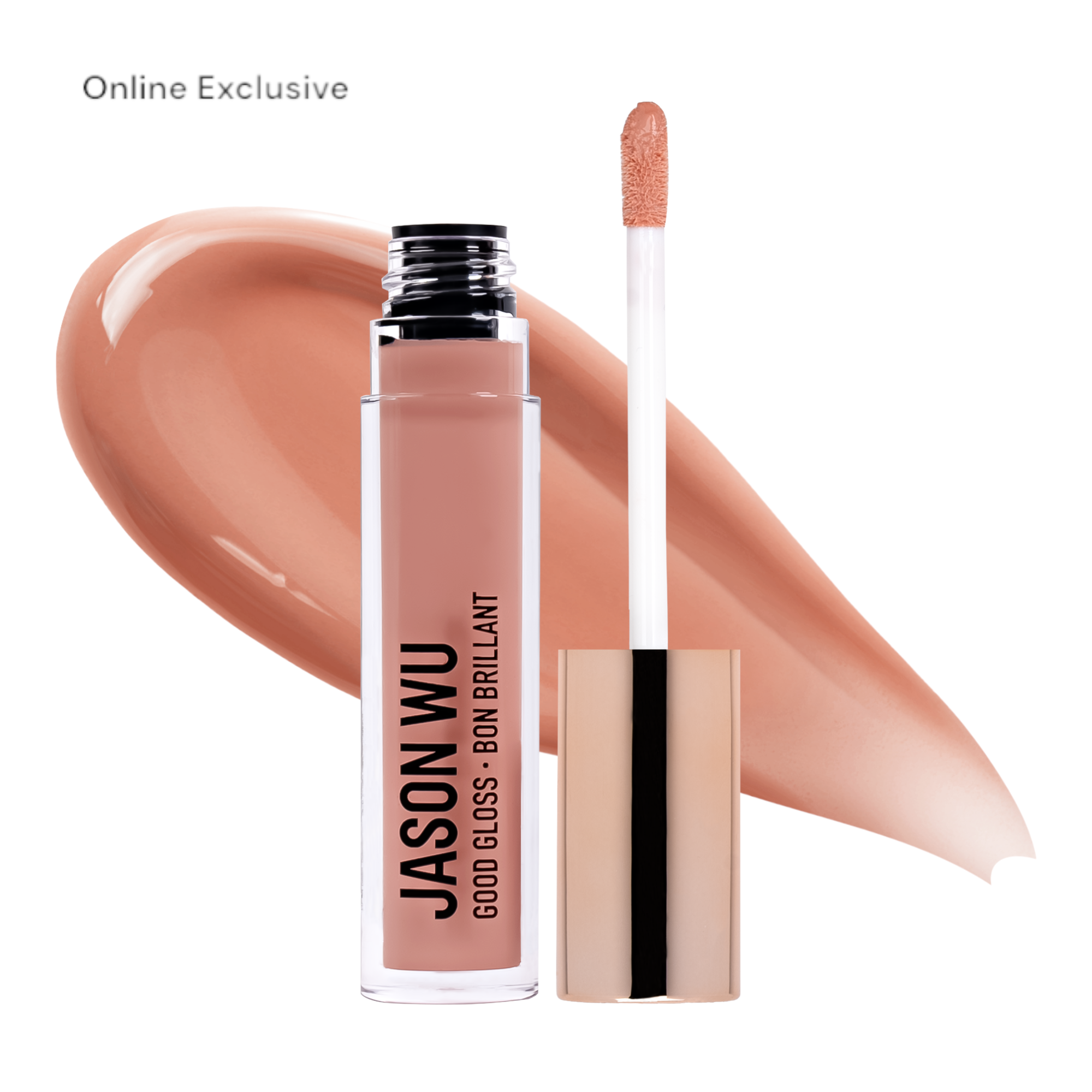 Lip gloss with applicator next to a paint swatch
