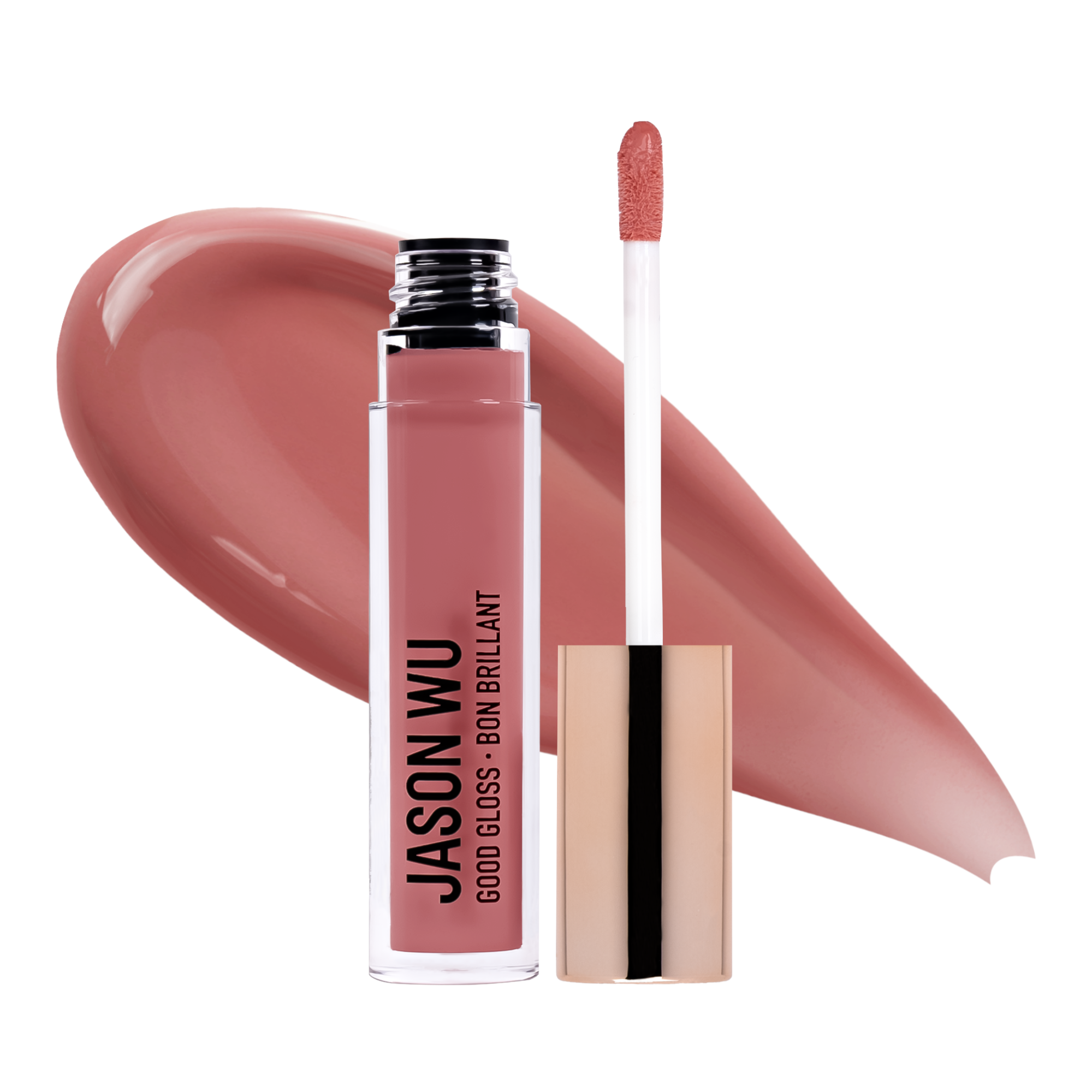 Lip gloss tube with applicator next to a glossy smear.