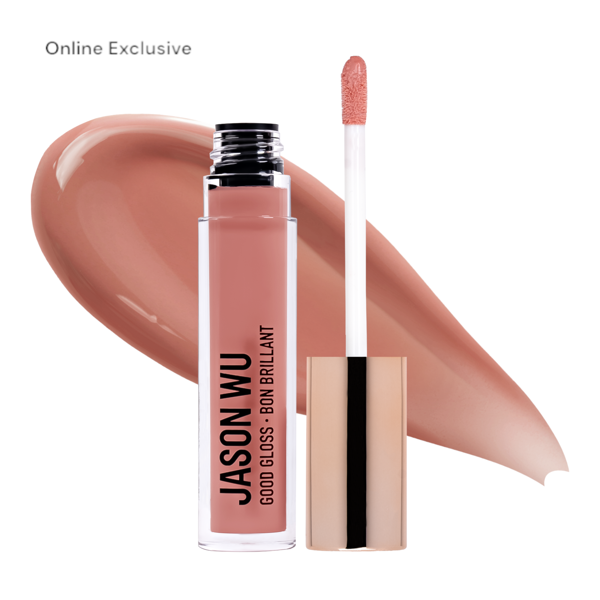 Online exclusive Jason Wu lip gloss with applicator and swatch in nude shade.