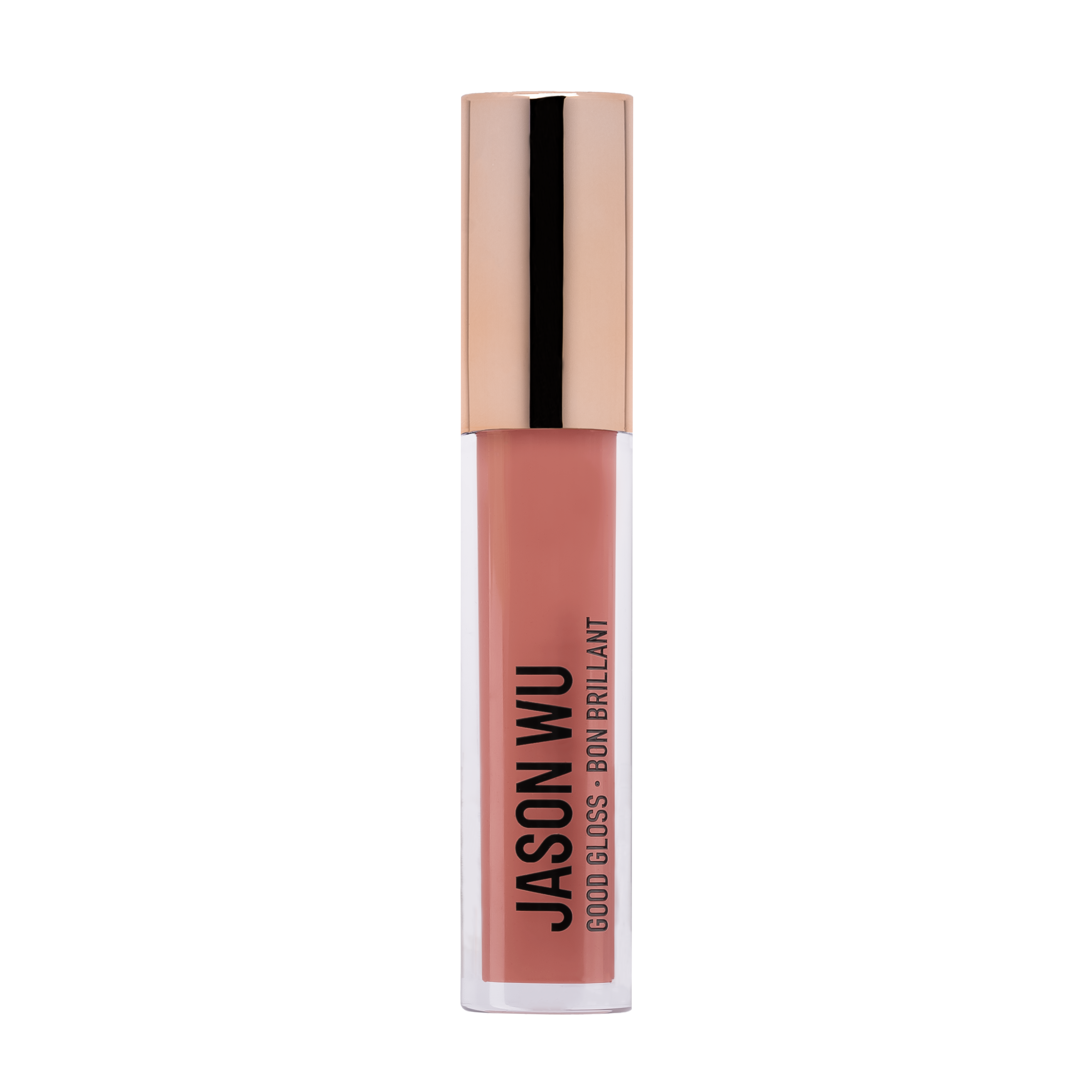 Pink liquid lip gloss in a transparent tube with gold cap marked 'Jason Wu'.