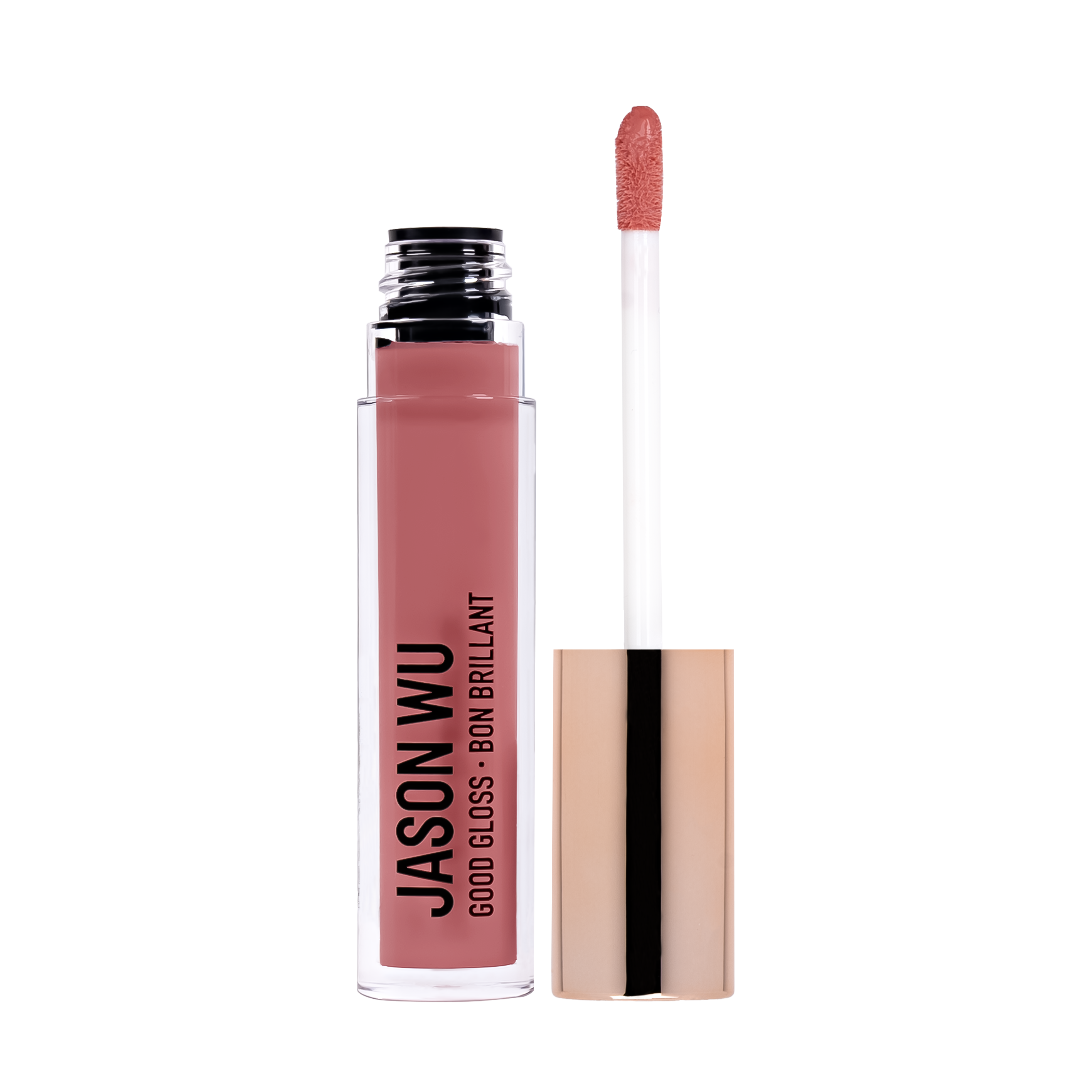 Open tube of pink lip gloss with applicator wand