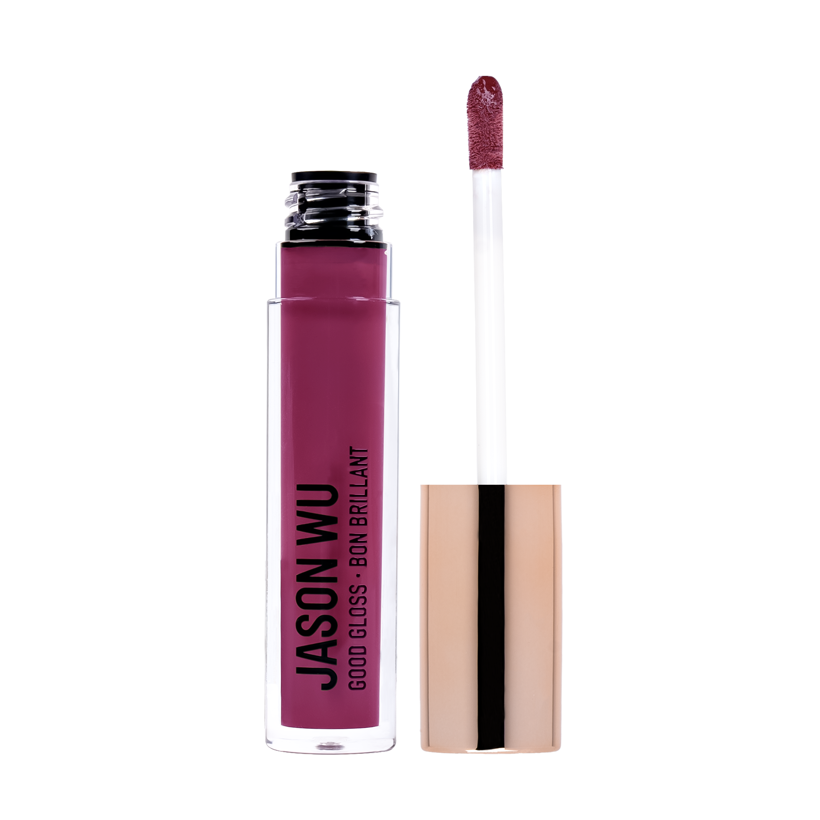 Purple lip gloss with applicator next to it
