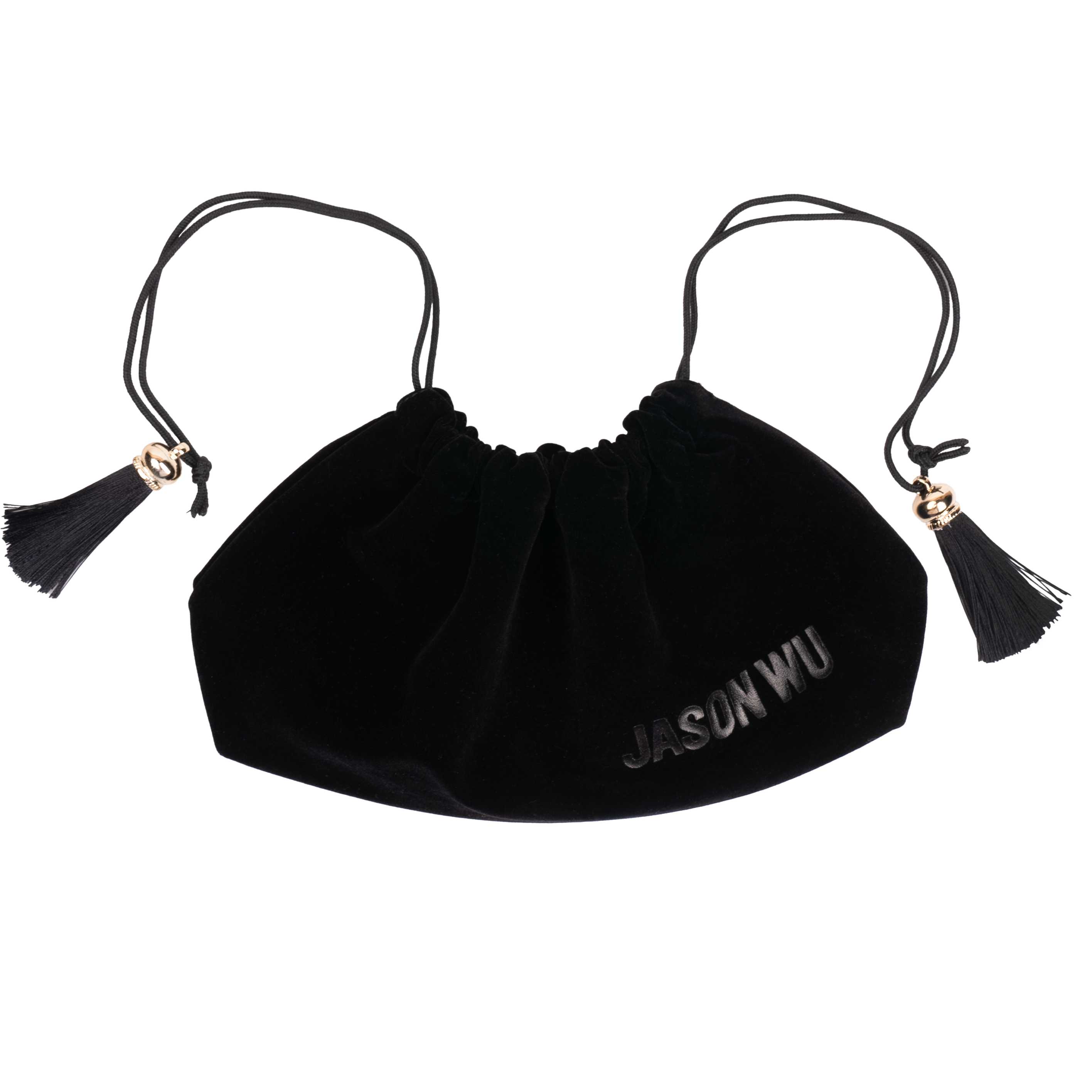 Black velvet drawstring bag with tassels and 'Jason Wu' logo