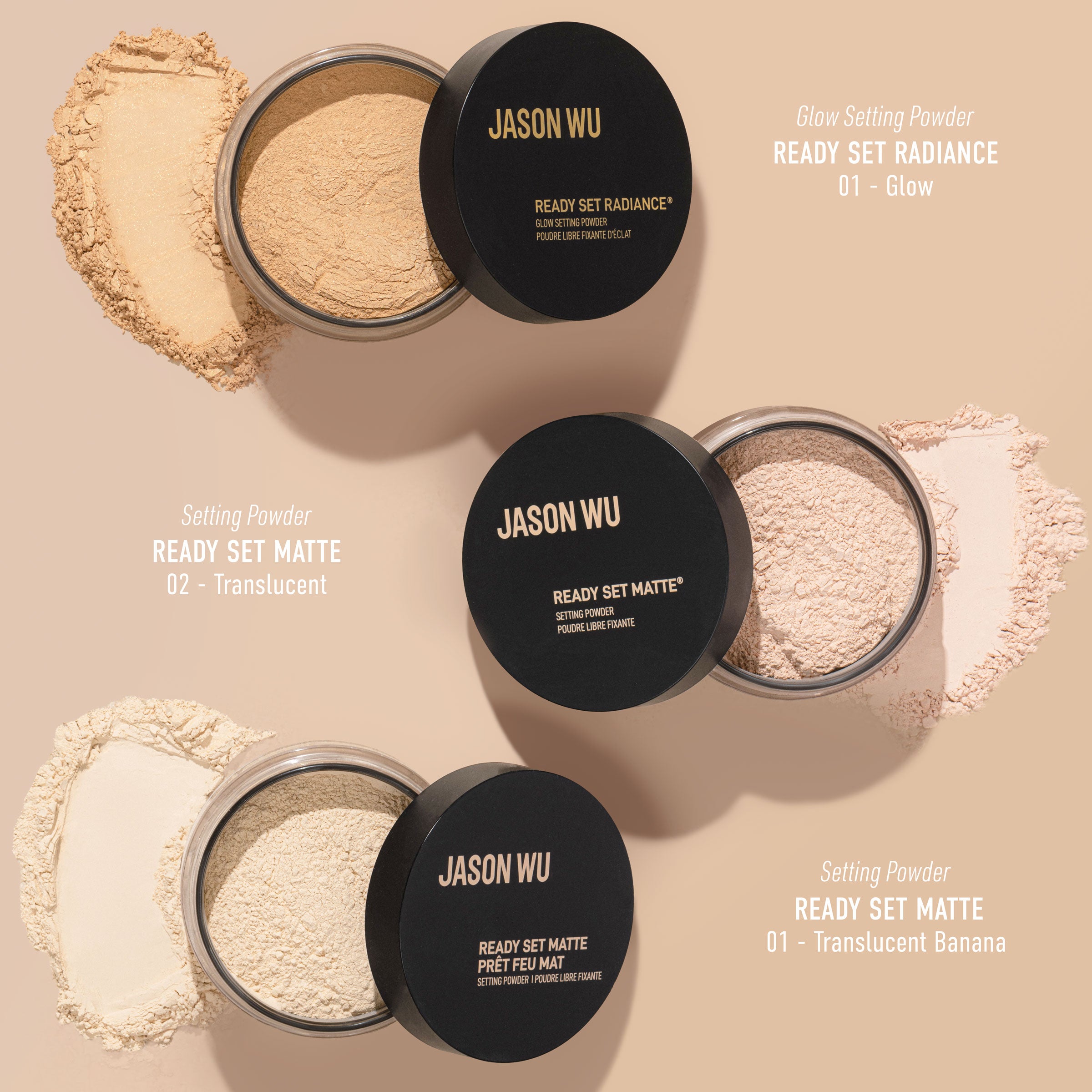Three containers of Jason Wu setting powders in different shades with labels.