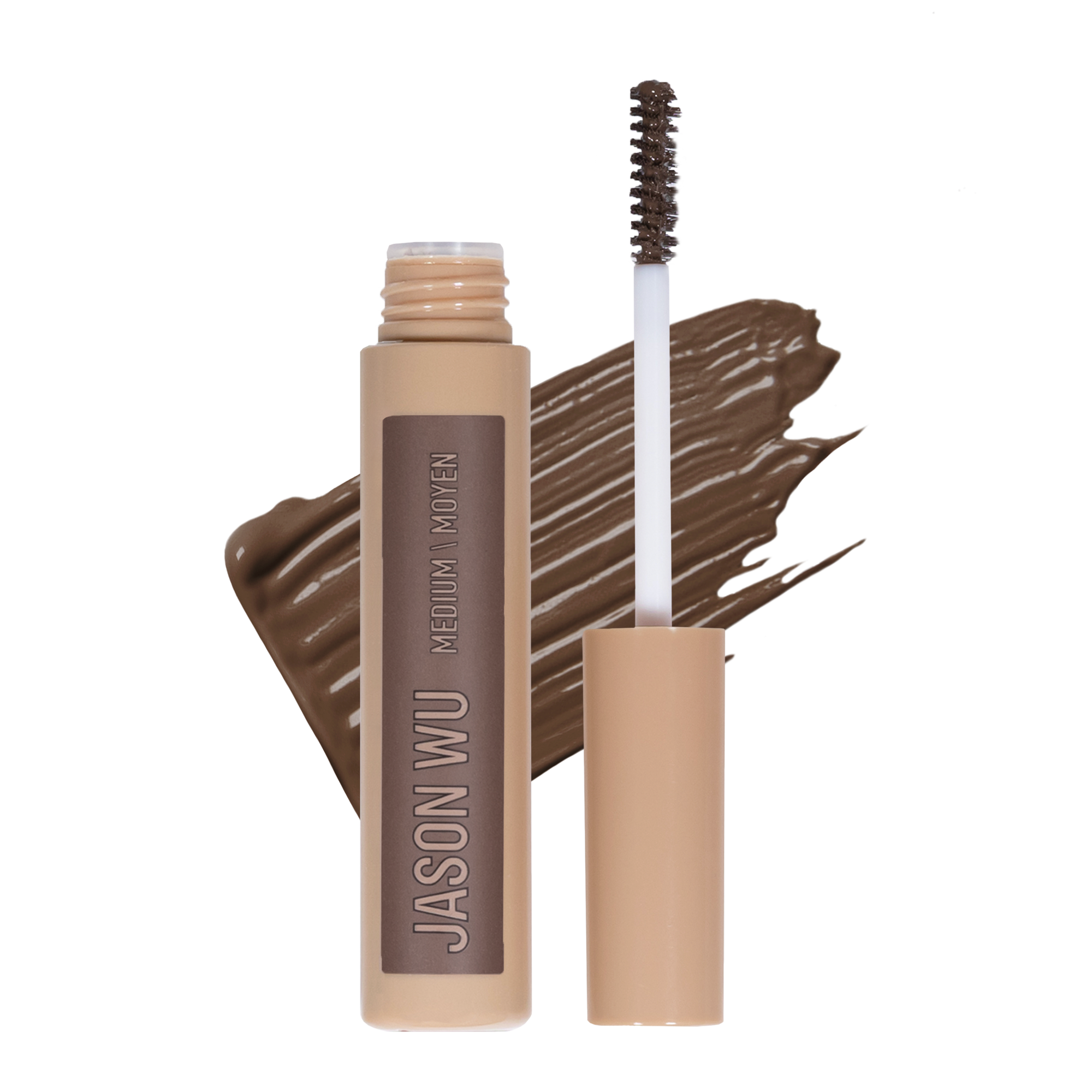 Brown eyebrow gel with open applicator brush