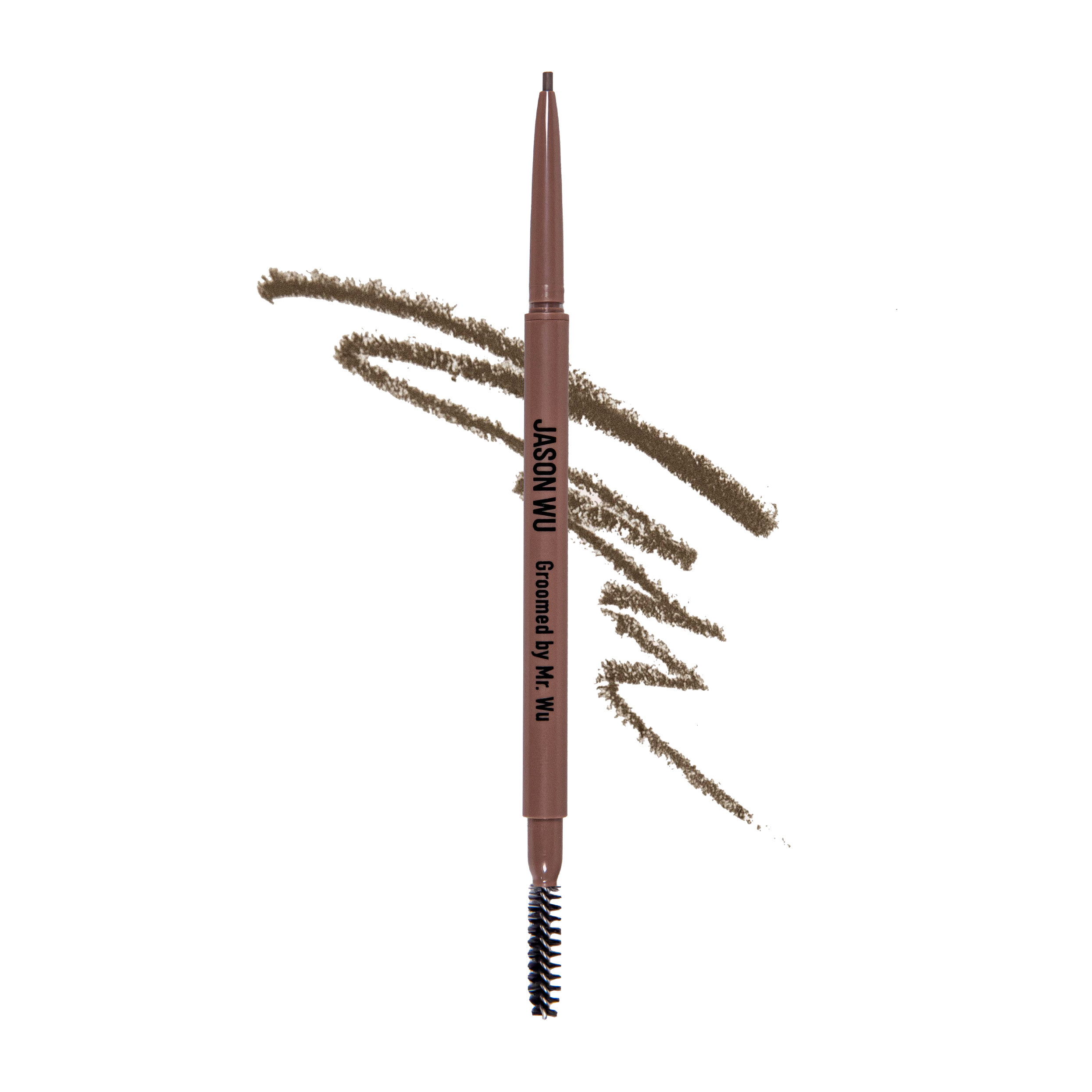 Brown eyebrow pencil with spoolie brush and swirls of color.