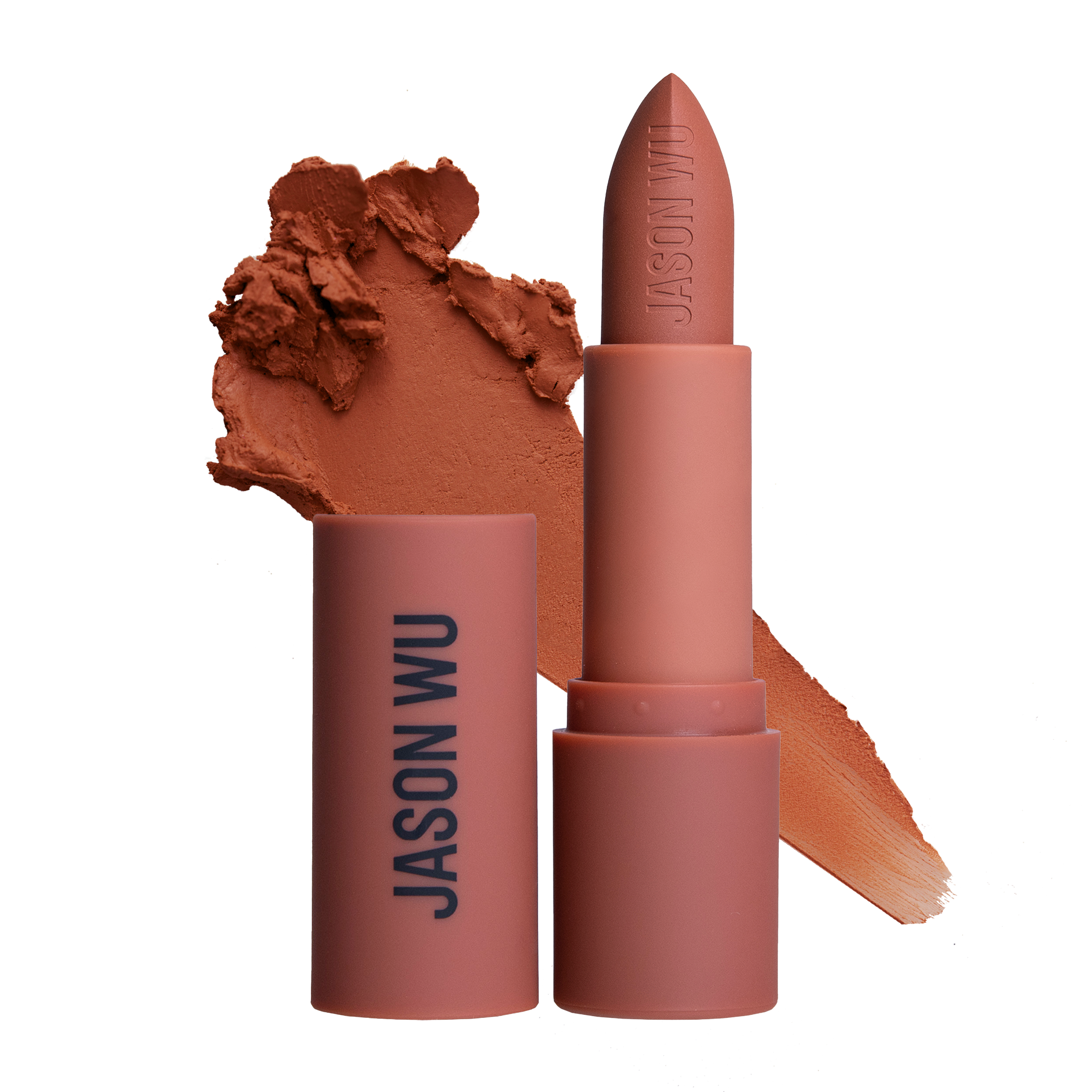 Matte brown lipstick with swatch and packaging