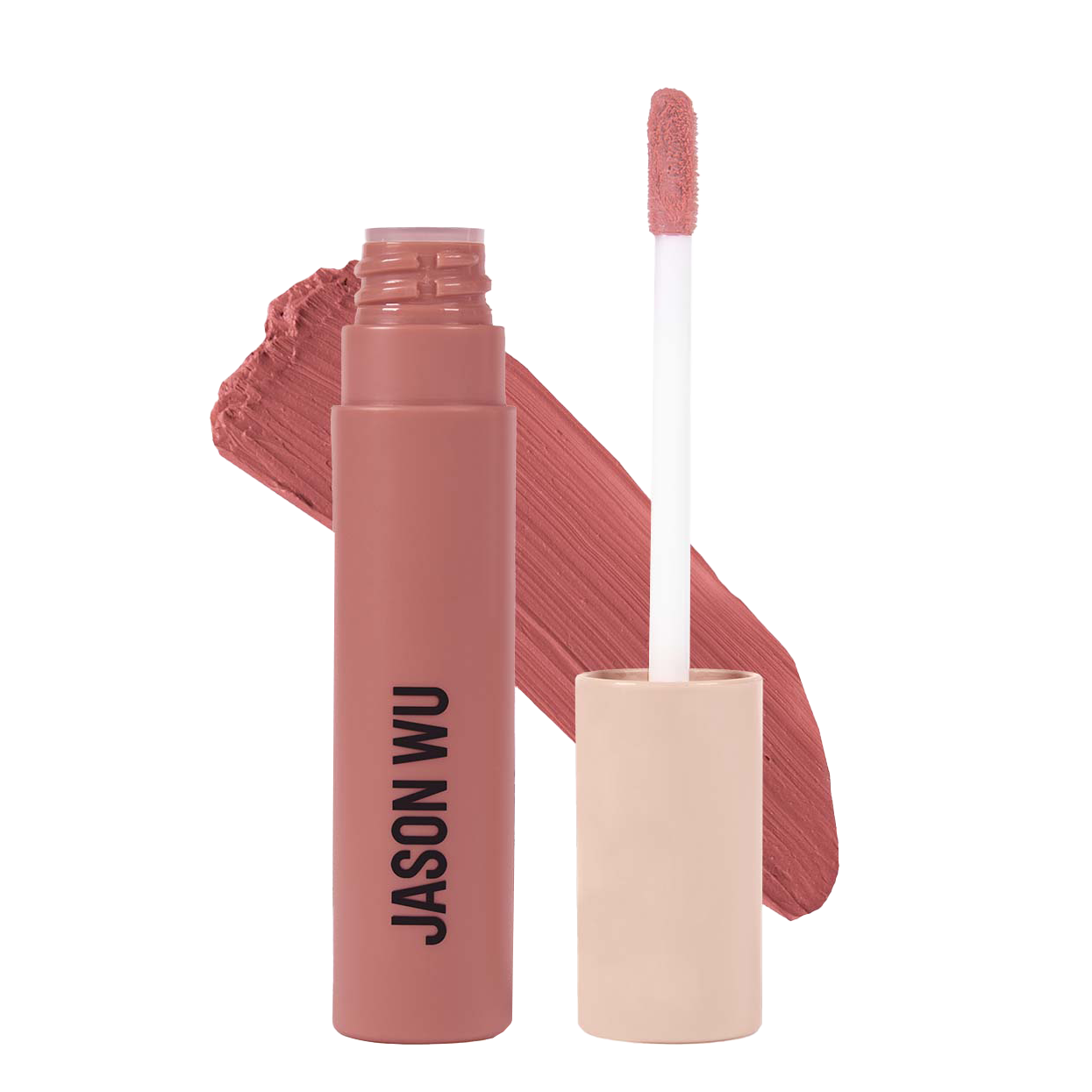 A tube of mauve liquid lipstick with a brush applicator, labeled Jason Wu.