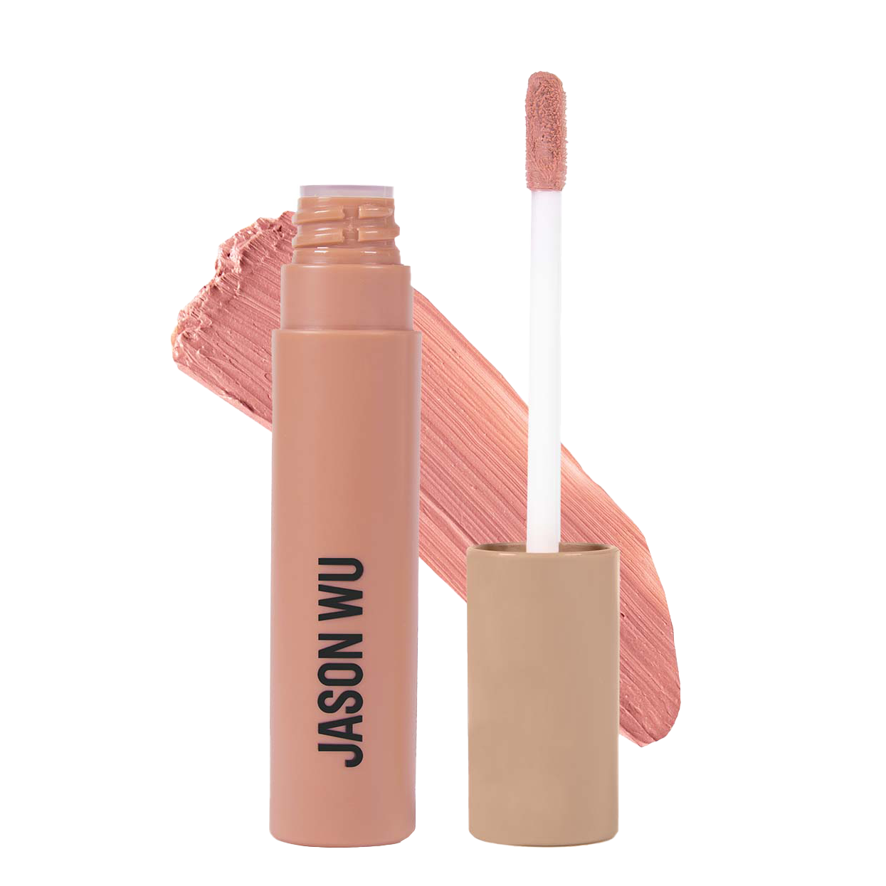 Liquid lipstick with applicator and swatch in a nude shade