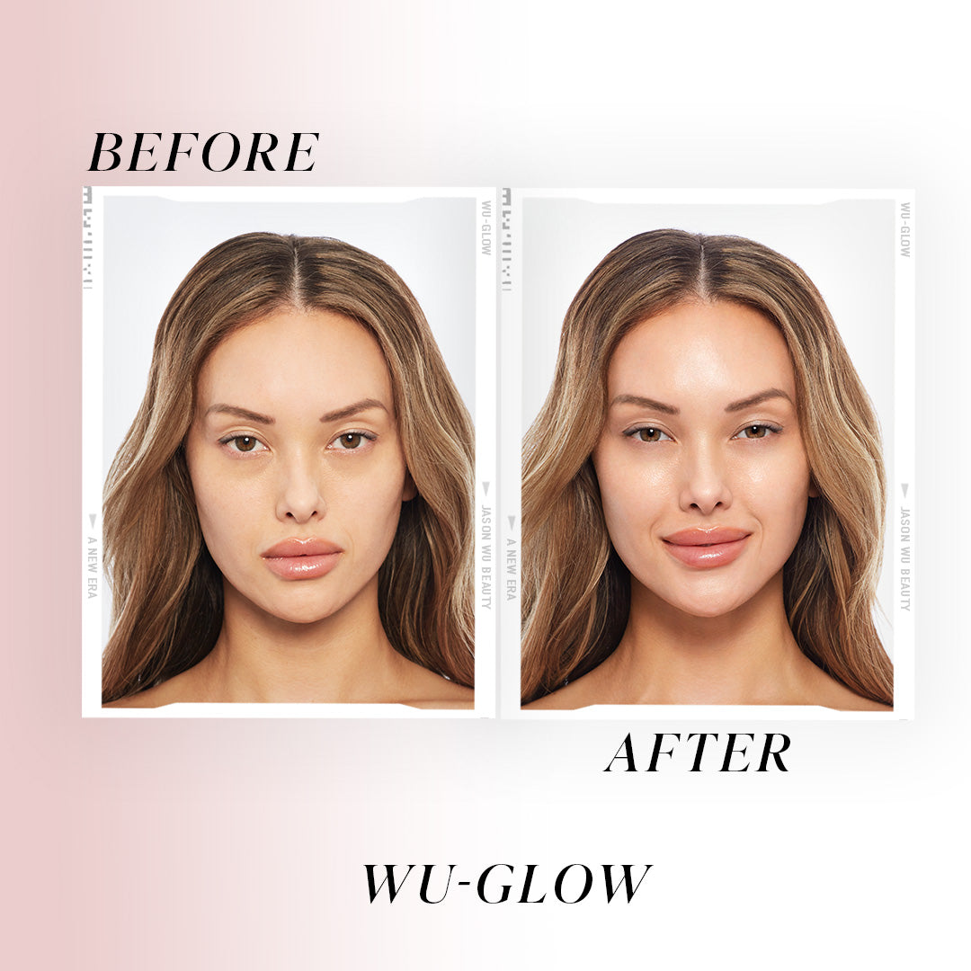 Side-by-side comparison of a woman's face before and after using a product, labeled 'WU-GLOW'.