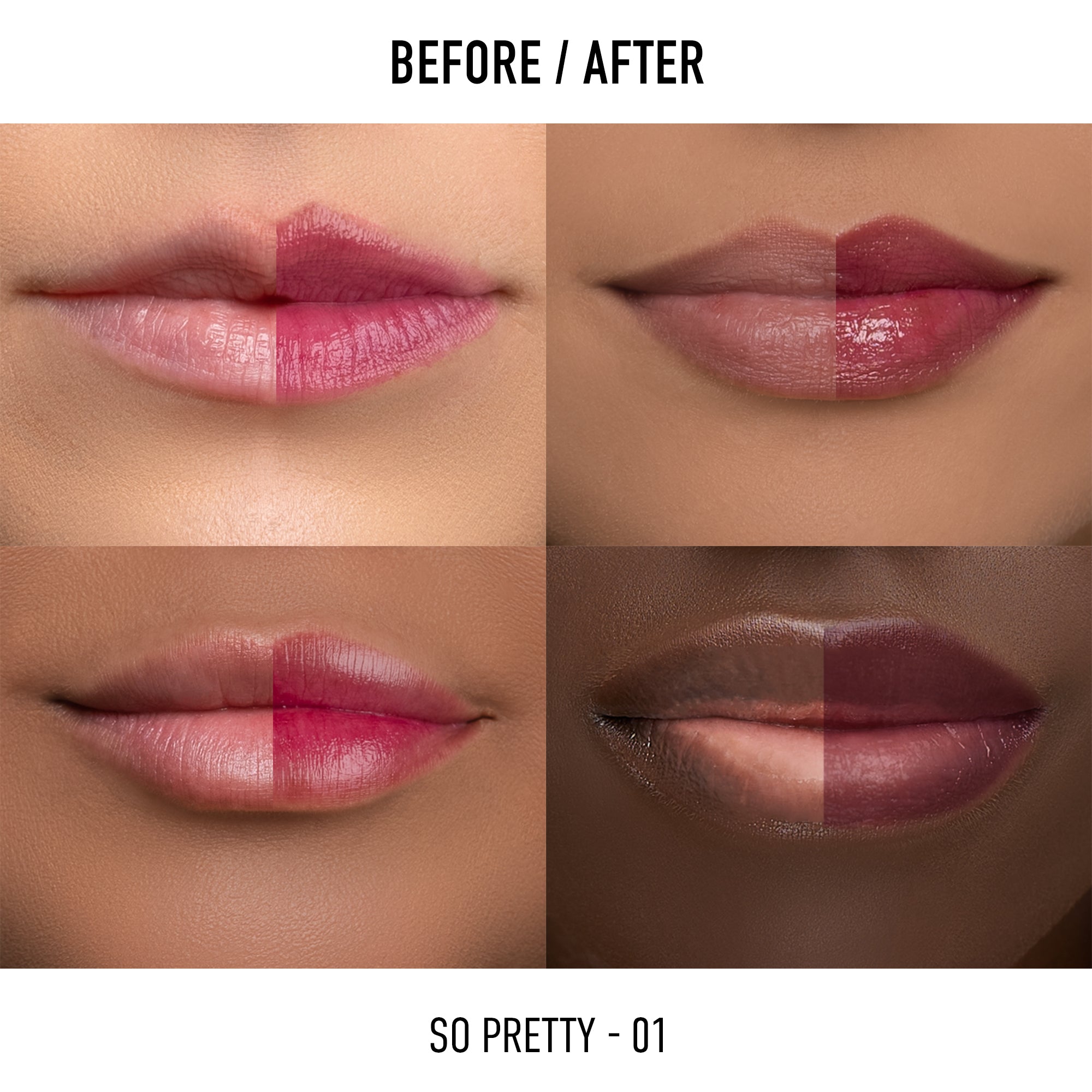 Lip transformation showcasing before and after effects with different shades of lipstick.