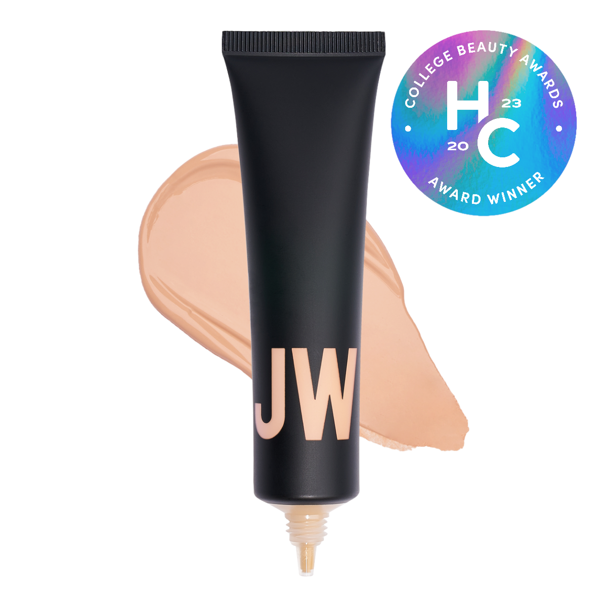 Black cosmetic tube with 'JW' text, surrounded by makeup smear and award badge.