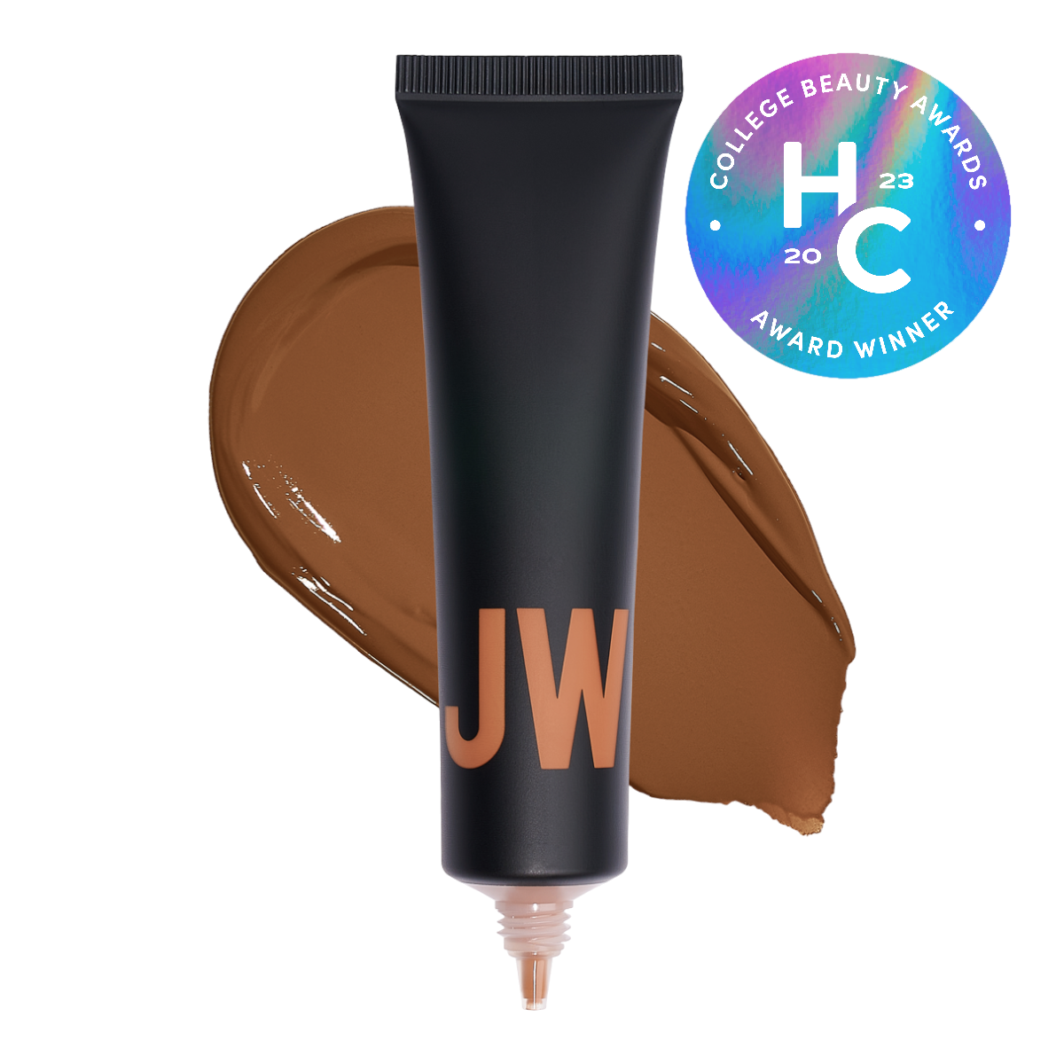 Cosmetic tube with 'JW' label and brown smear, displaying HC 2023 award winner badge.