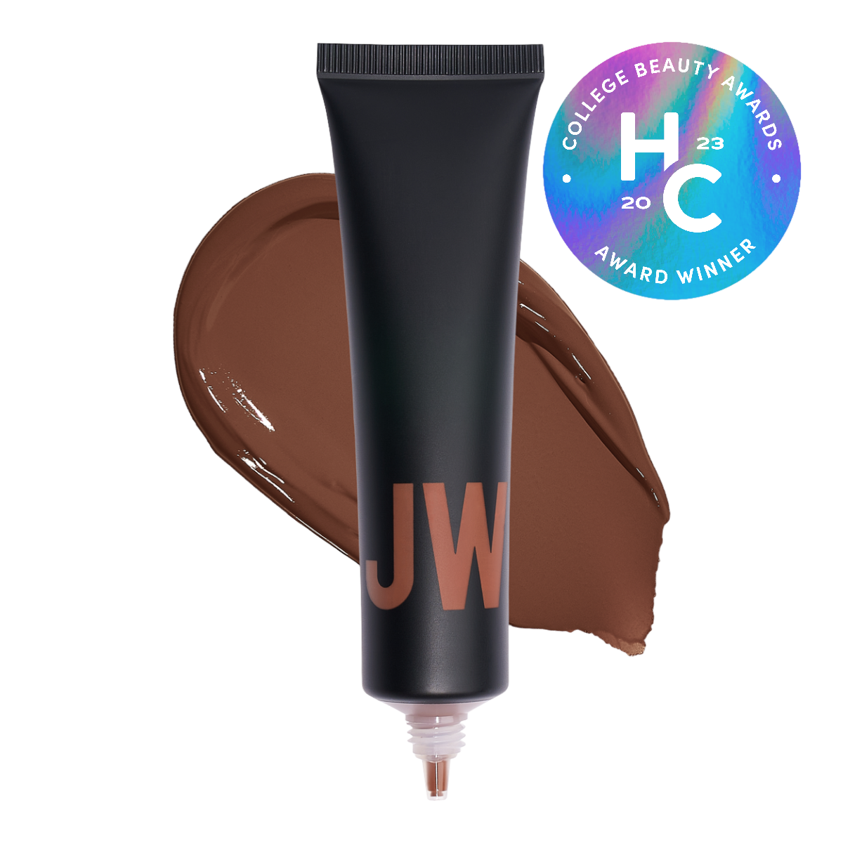 Black cosmetic tube with brown smear and award winner badge