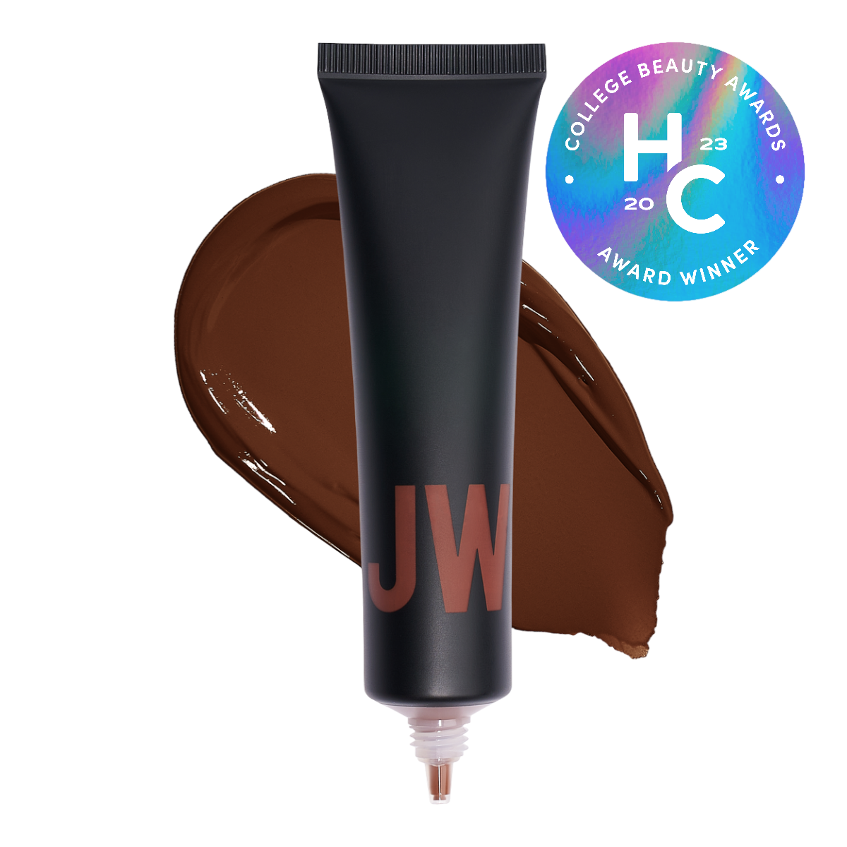 Dark brown cosmetic tube with 'JW' text, award winner badge displayed.