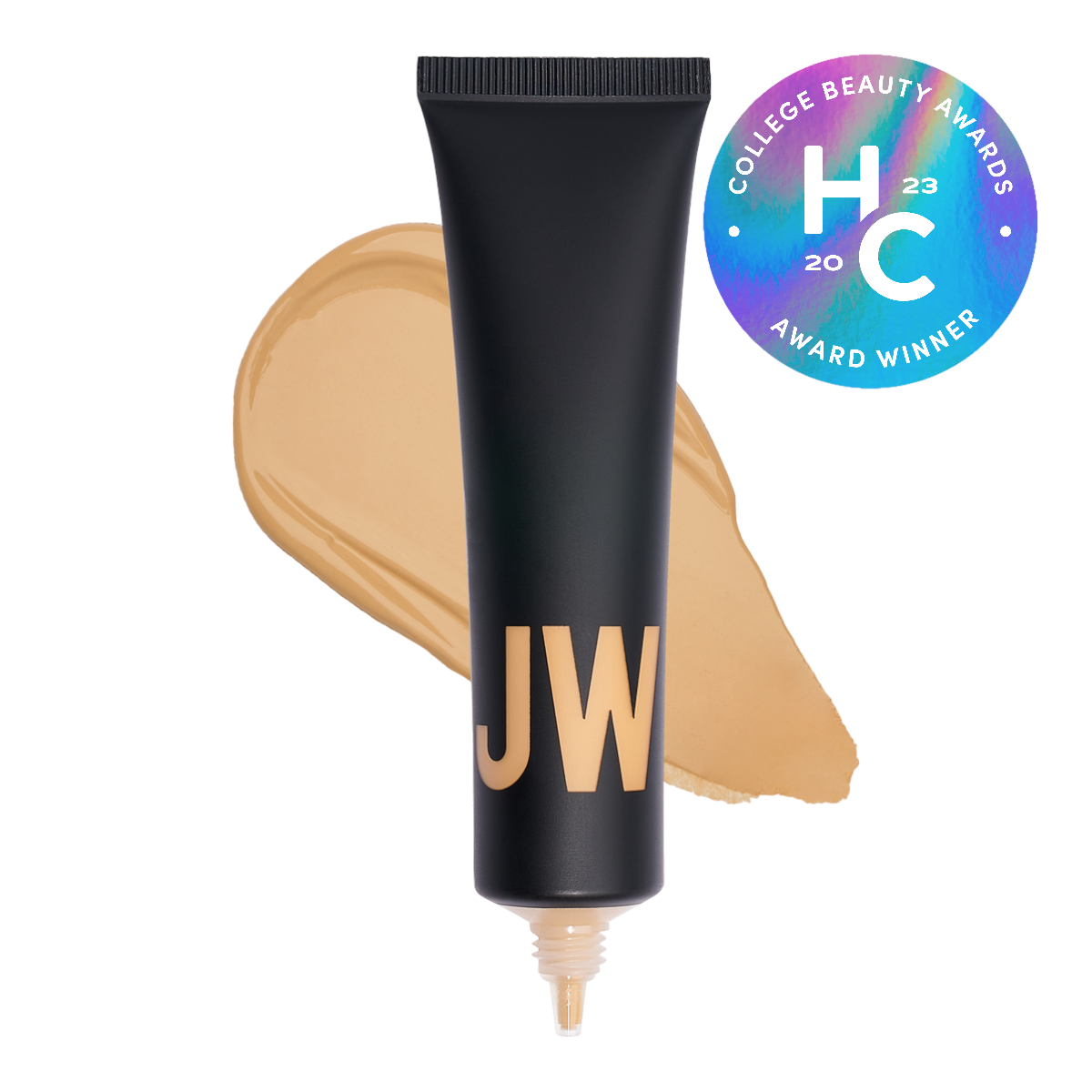 Black cosmetic tube labeled 'JW' with makeup swatch and award badge