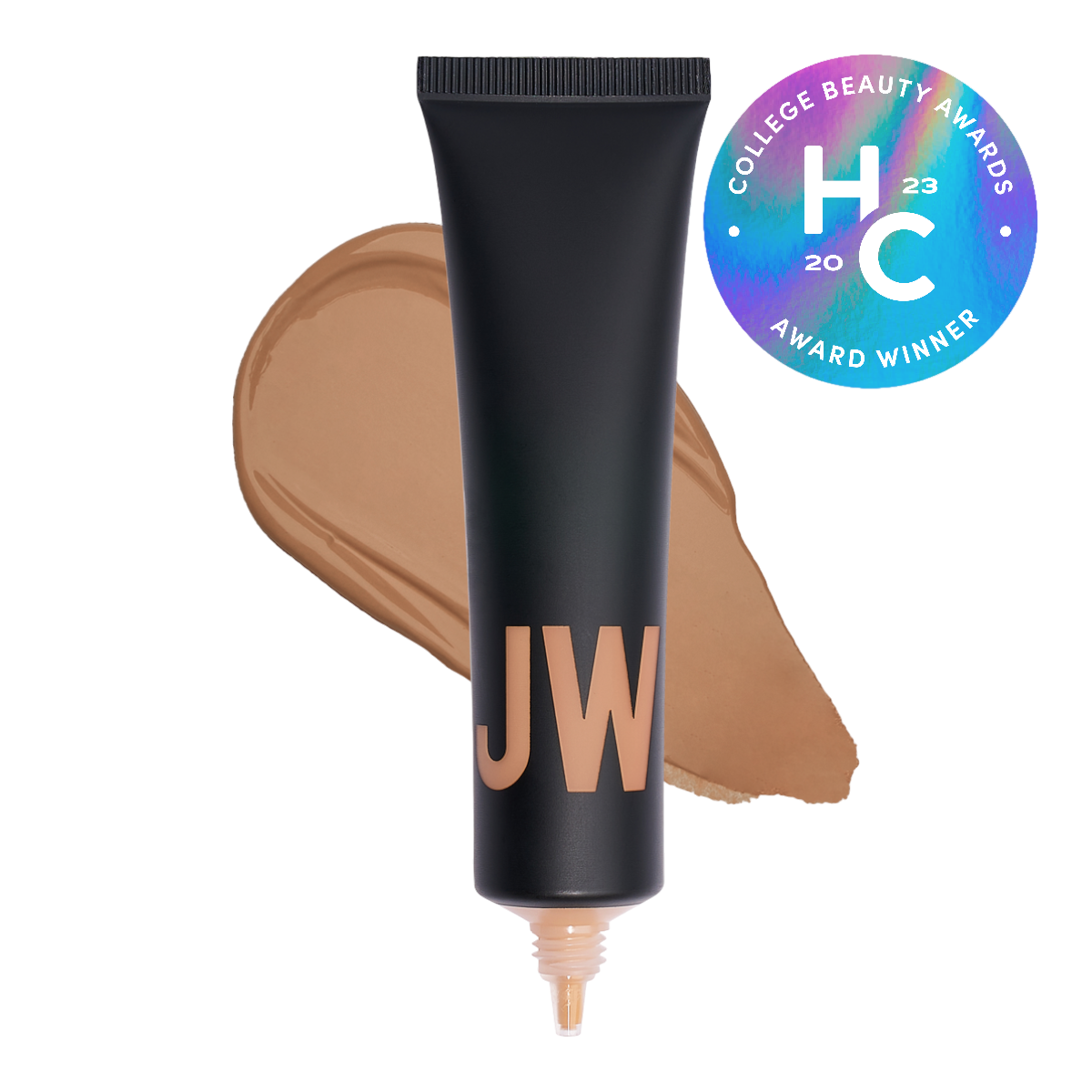 Cosmetic tube with 'JW' branding next to a beauty award badge