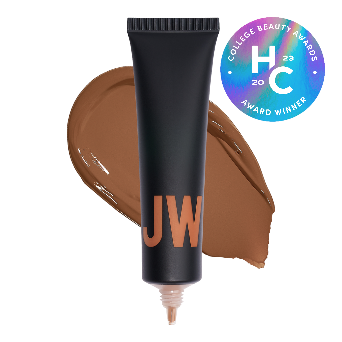 Black beauty tube labeled JW with brown swatch and award sticker