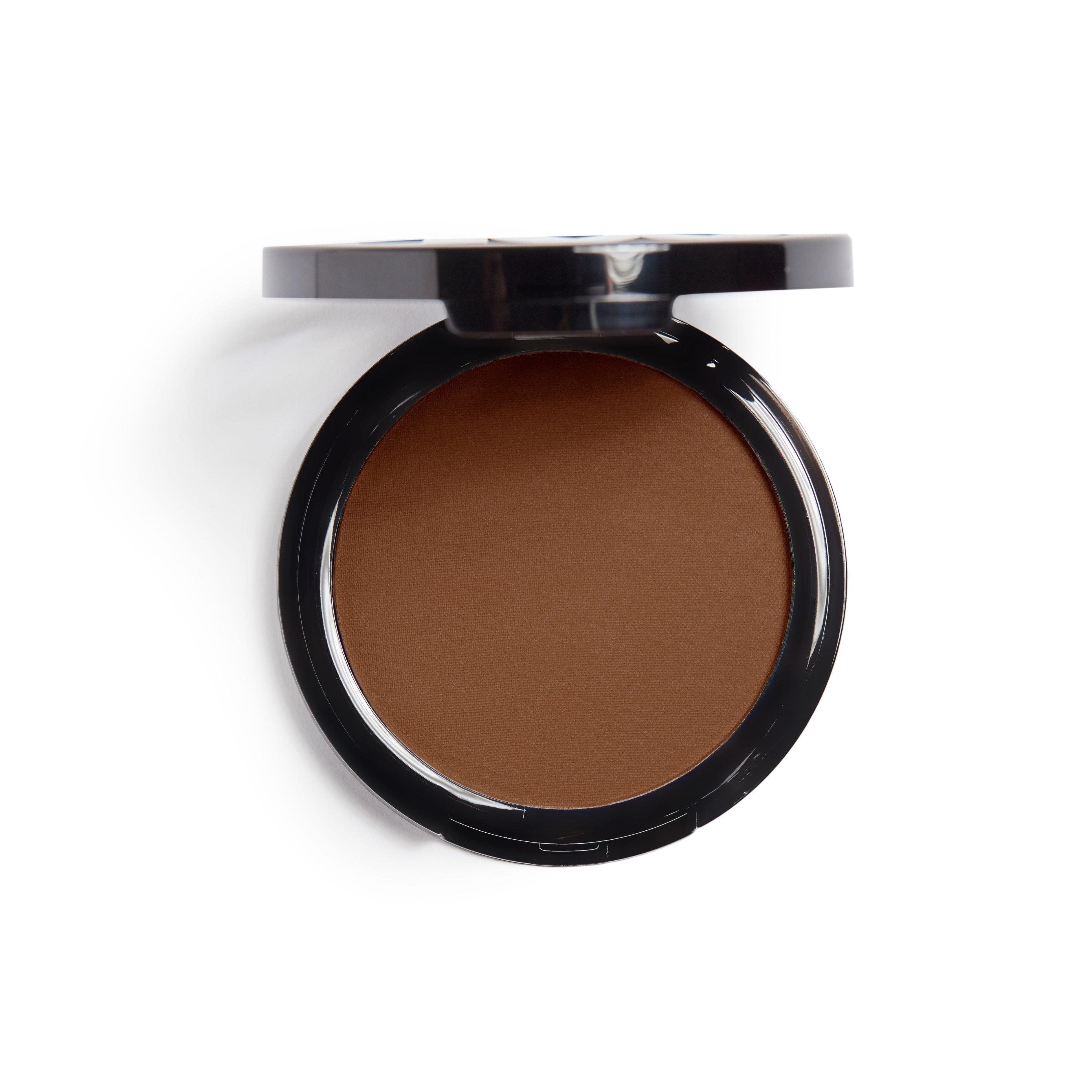 Open compact of brown pressed powder makeup