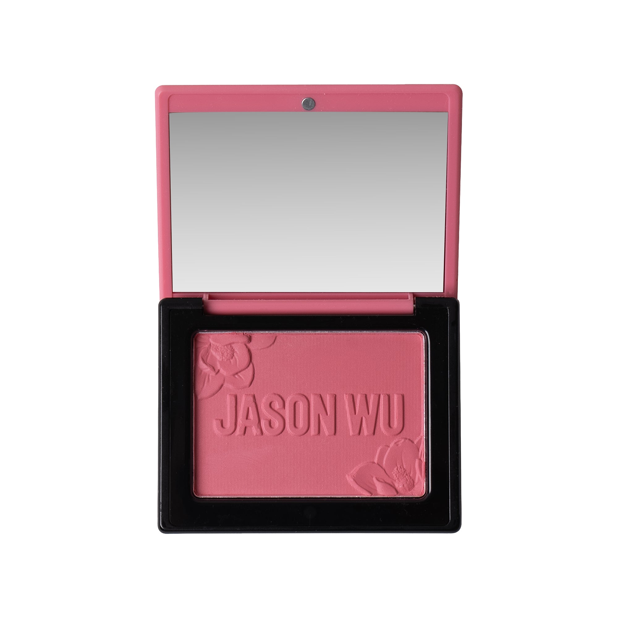 Open compact with pink blush and mirror