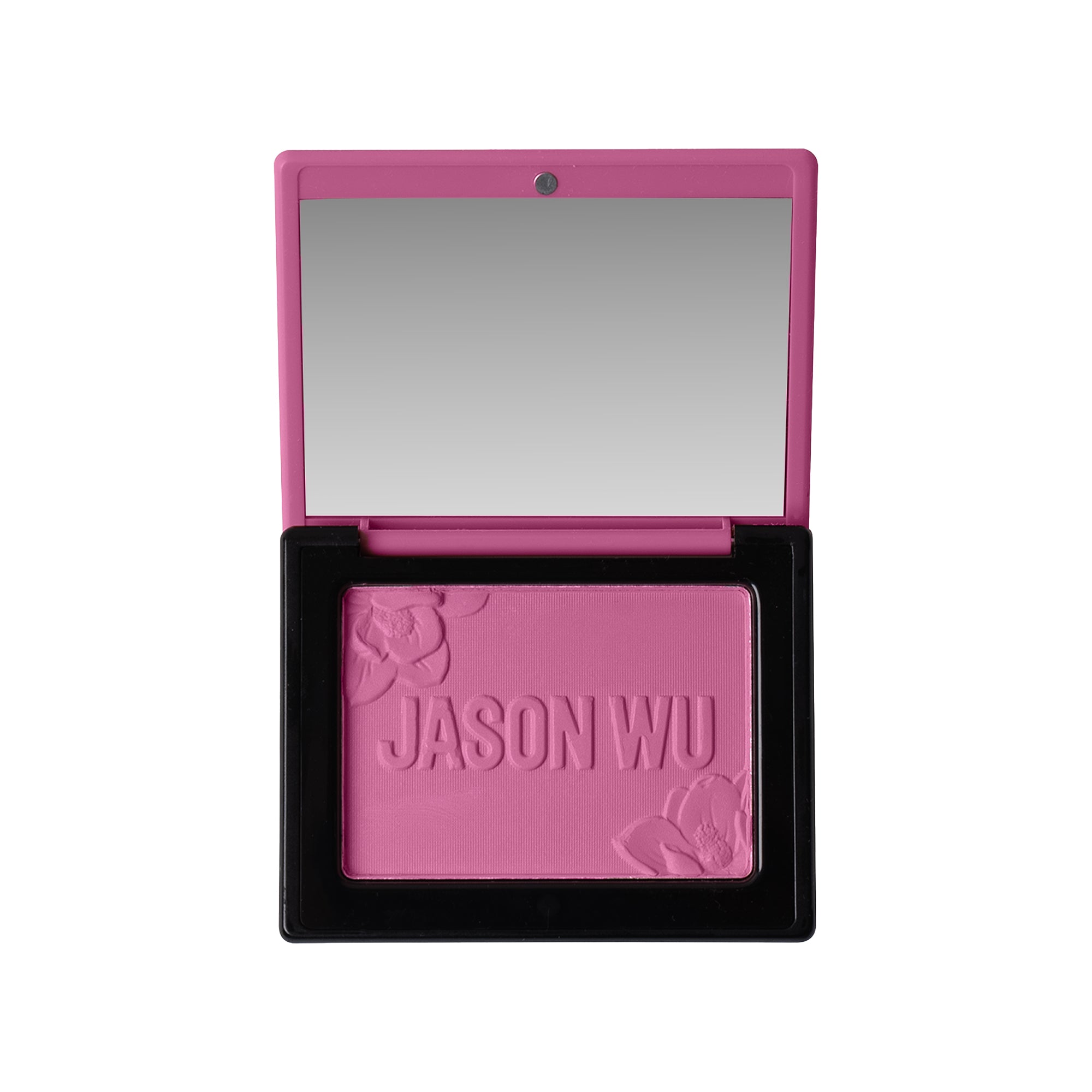 Pink makeup compact with mirror and embossed text.