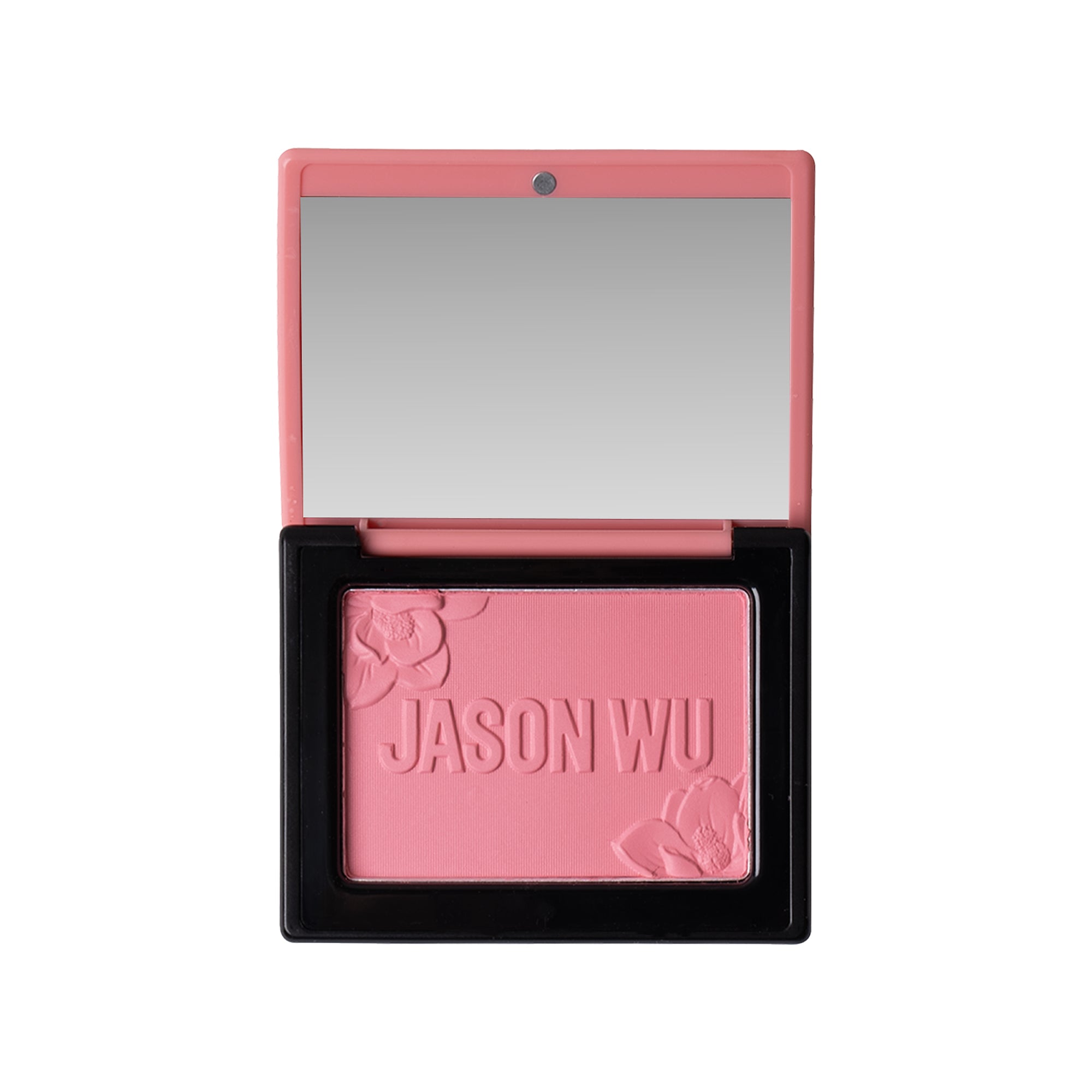 Pink blush in compact with mirror, embossed with flowers and text