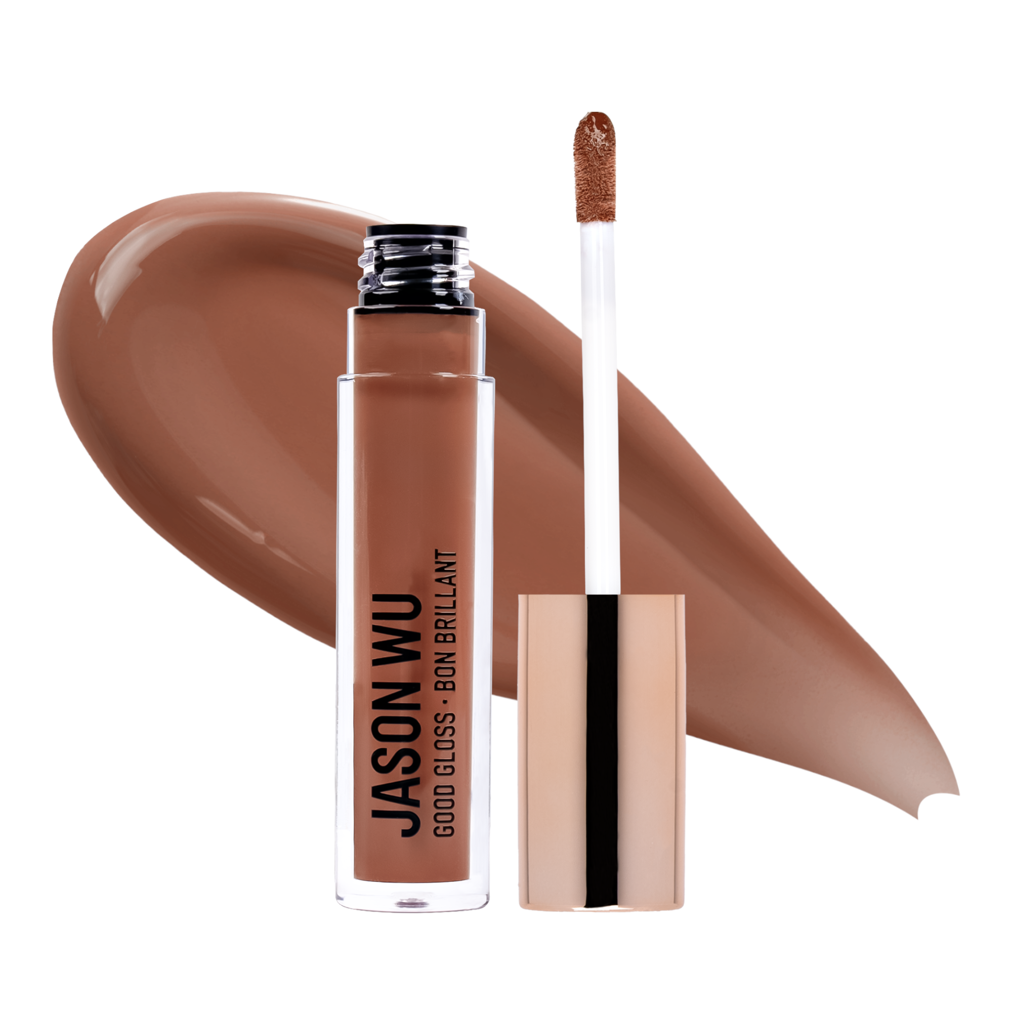 Brown lip gloss with applicator and swatch.