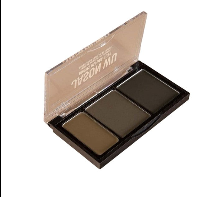 Three-shade eyebrow powder palette with clear lid.