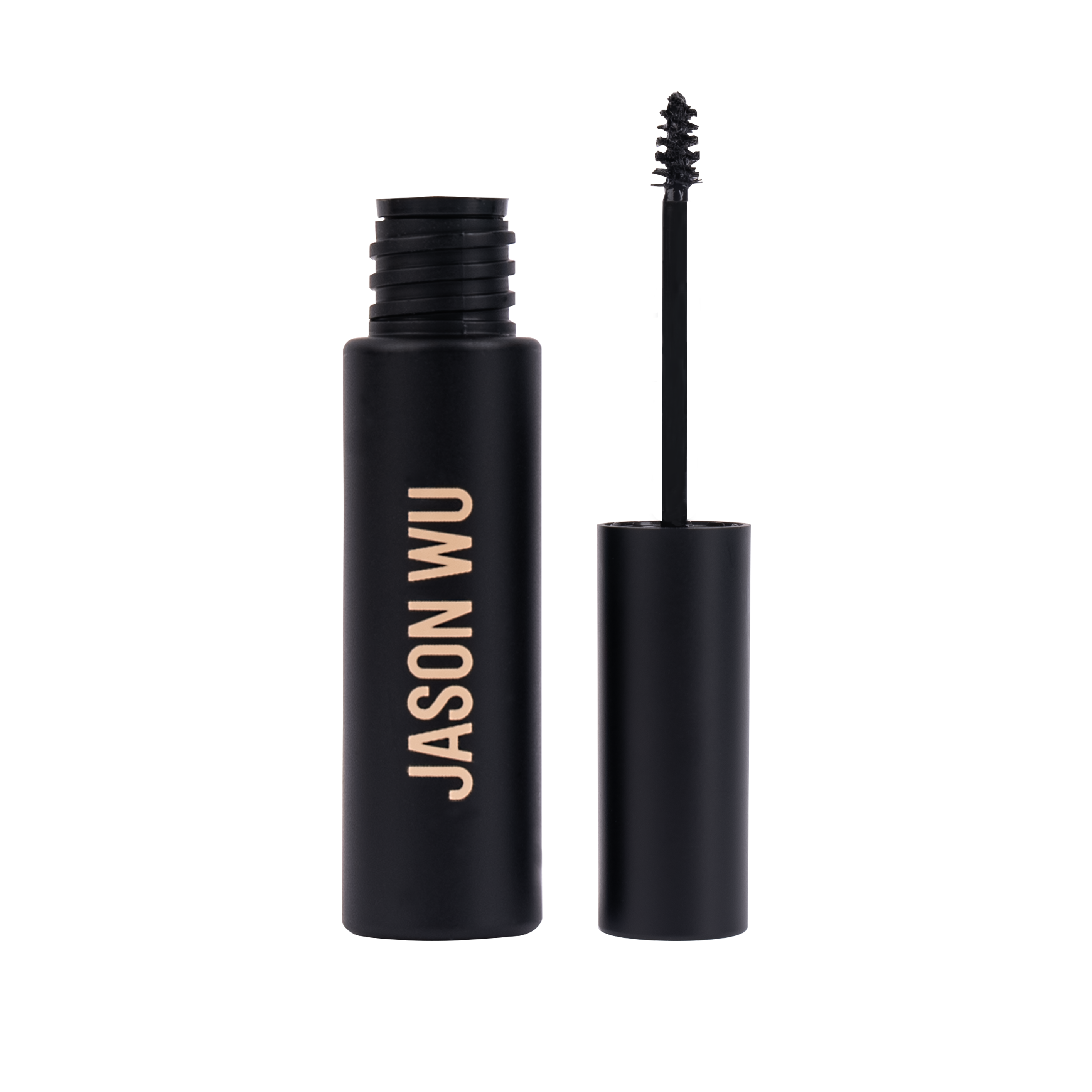 Open tube of black mascara with applicator wand.