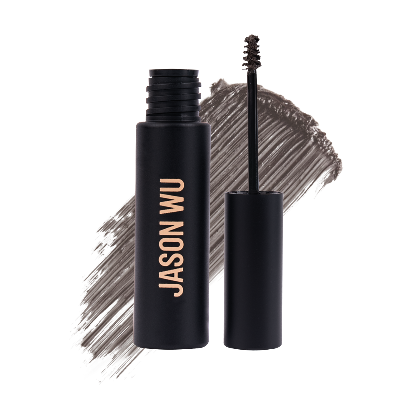 Open tube of Jason Wu eyebrow gel with brush and swatch background