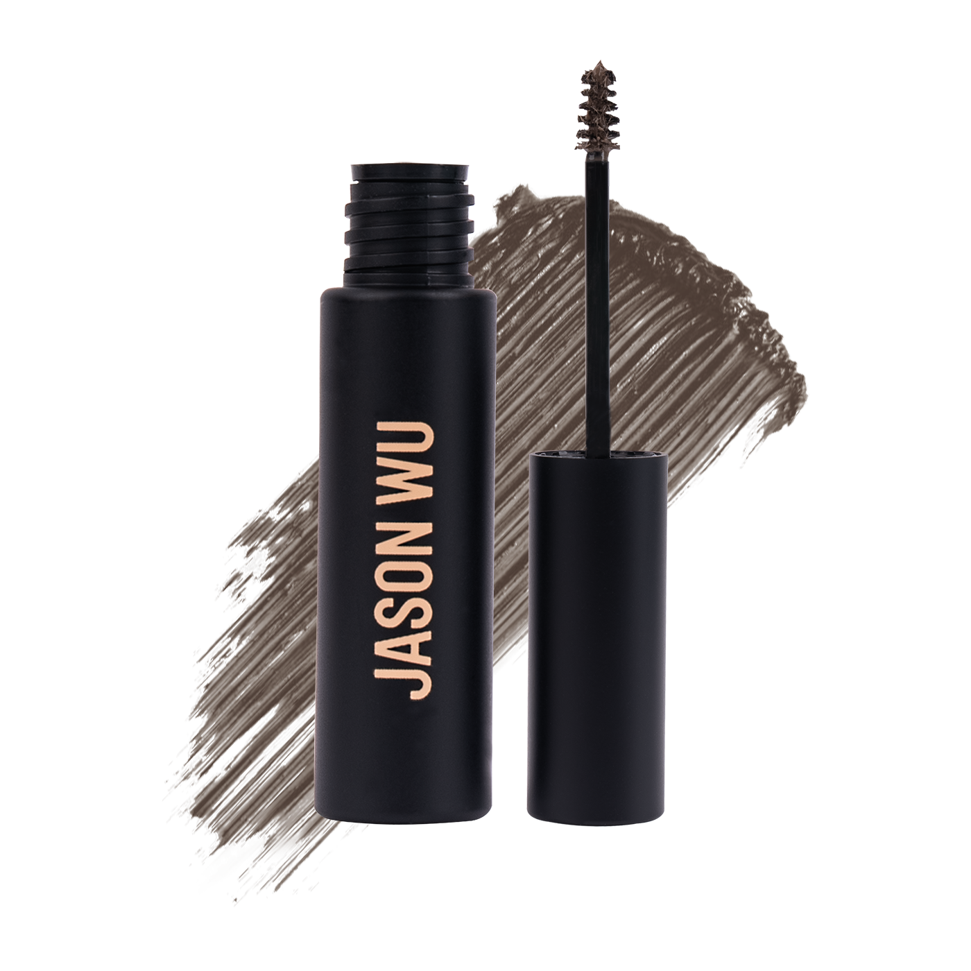 Open bottle of Jason Wu eyebrow product with applicator brush and brown swatch.