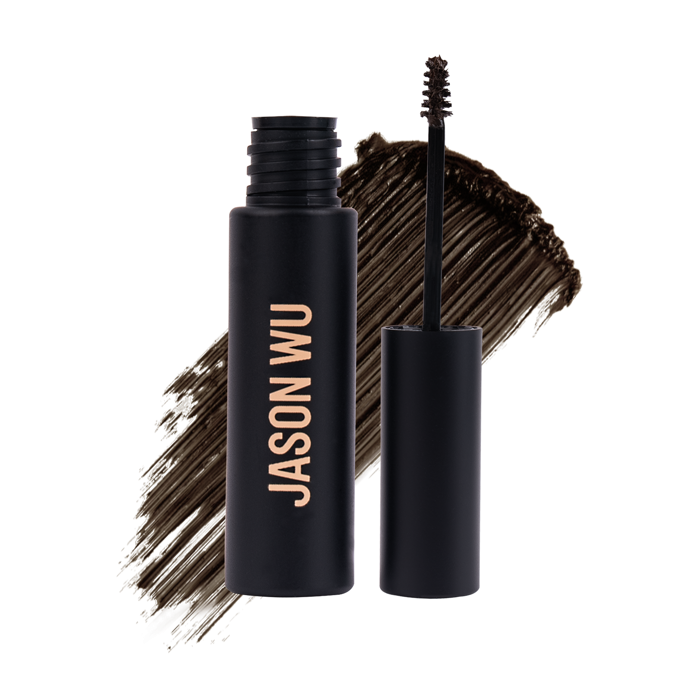 Open mascara tube with brush and brown mascara swatch on the side