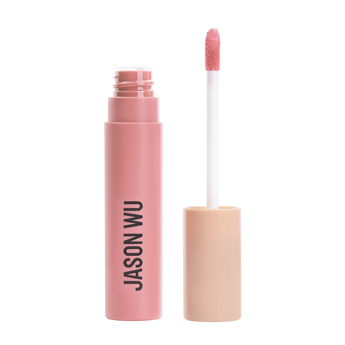 Pink lip gloss with applicator wand and cap.