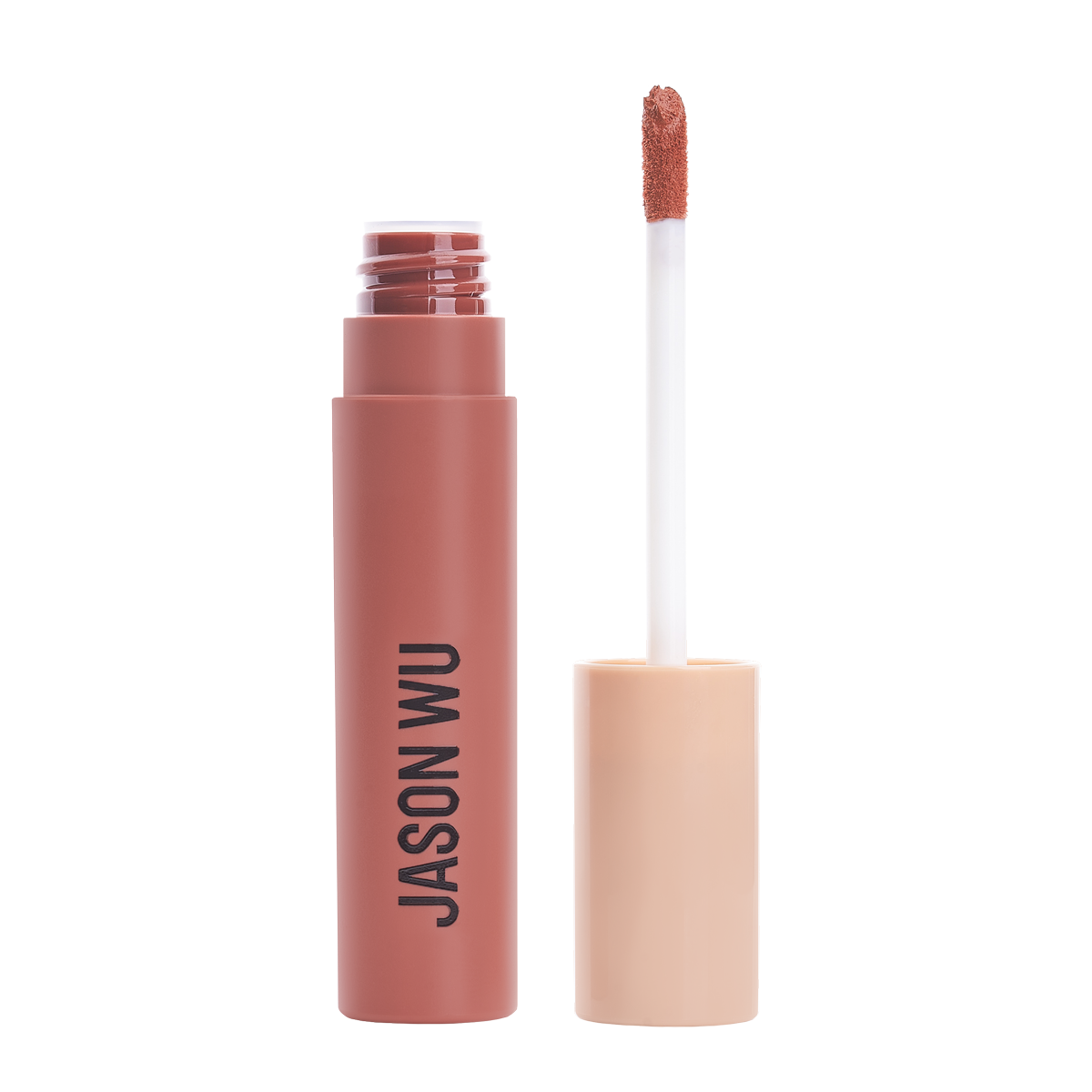 Open tube of lipstick with applicator brush