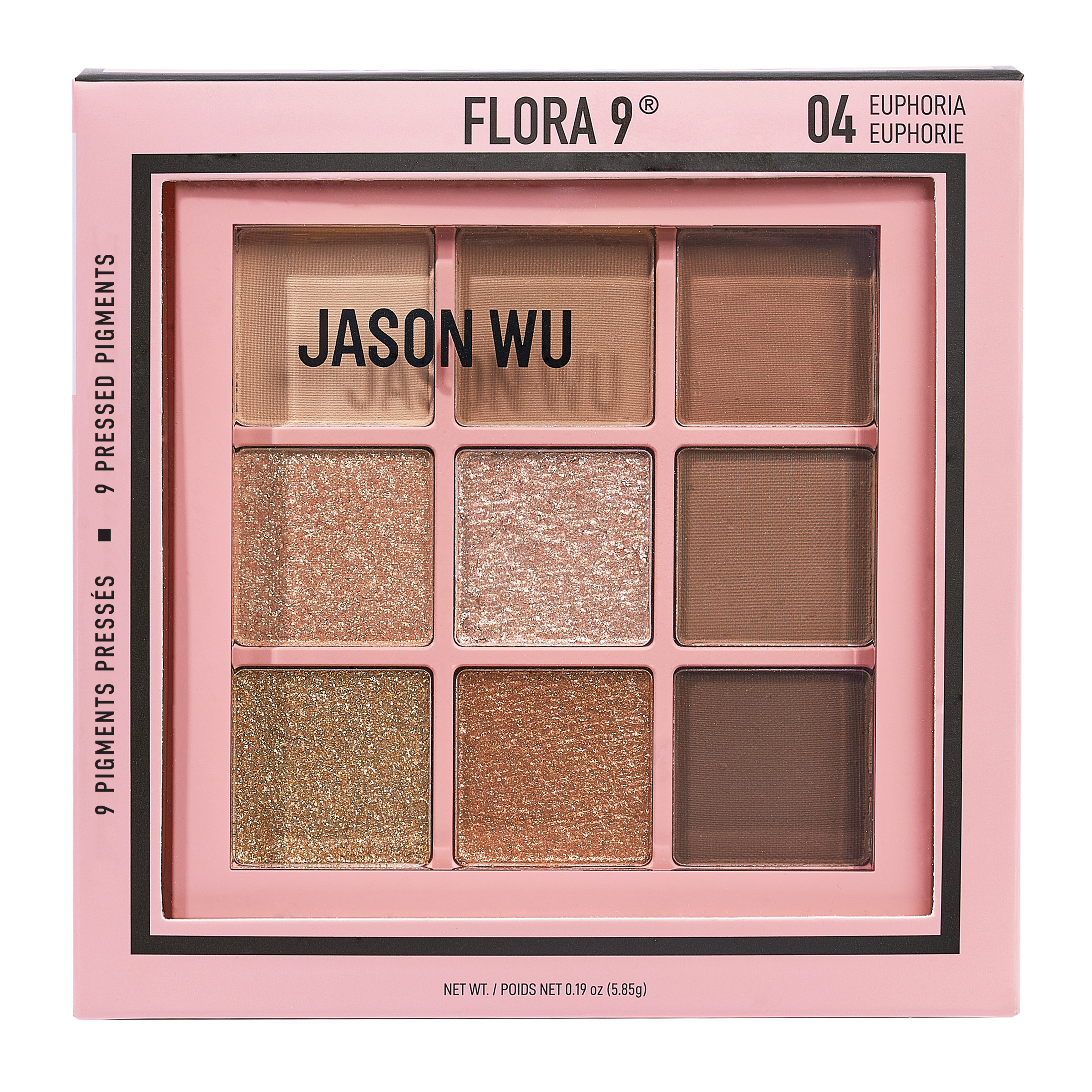 Jason Wu Flora 9 eyeshadow palette with nine pressed pigments in a pink square case.