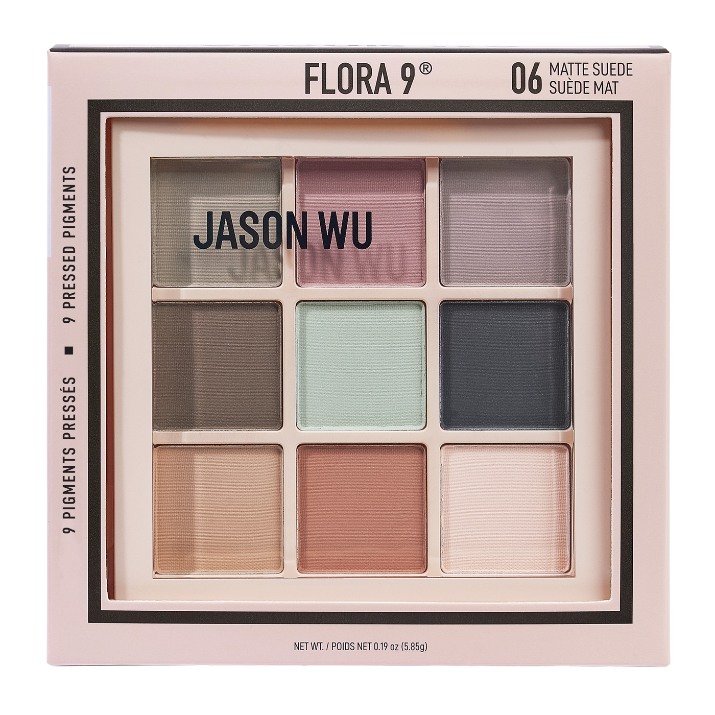 Makeup palette with nine different colored eyeshadows in a square case labeled 'Flora 9' and 'Jason Wu'.