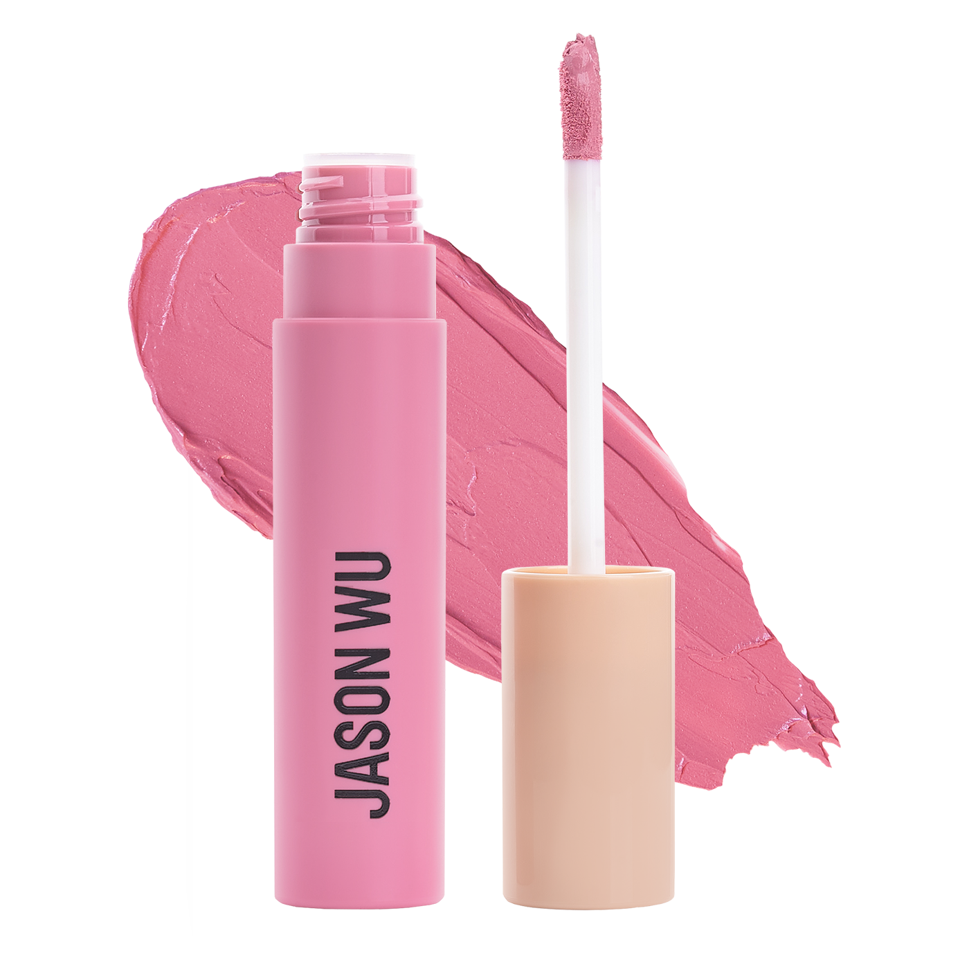 Pink liquid lipstick with applicator and swatch