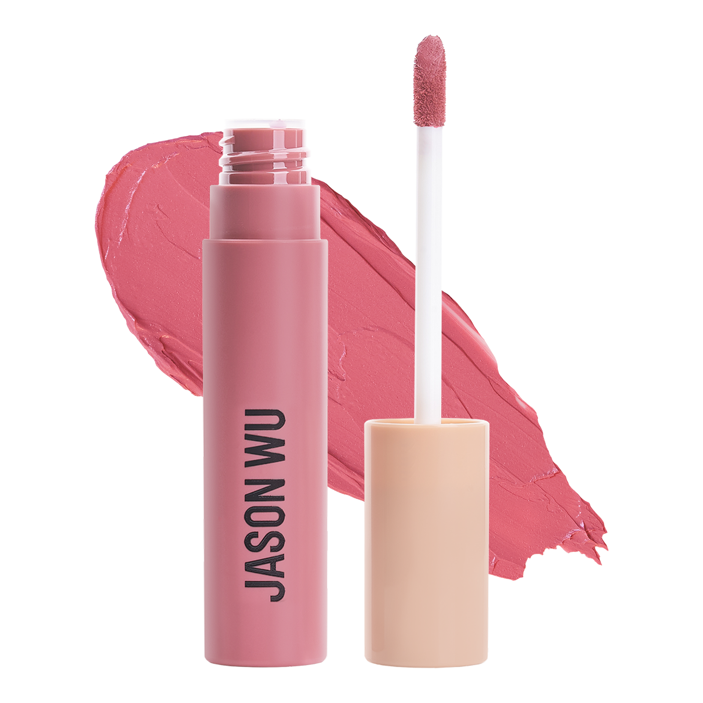 Pink liquid lipstick with applicator brush next to it