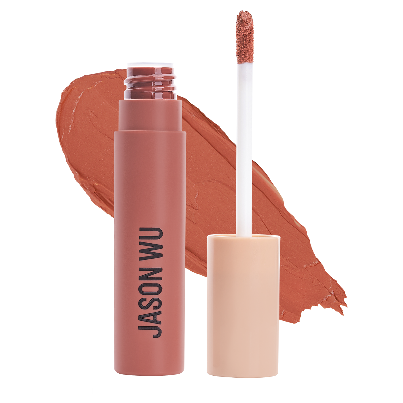 Tube of Jason Wu liquid lipstick with wand and color swatch in the background