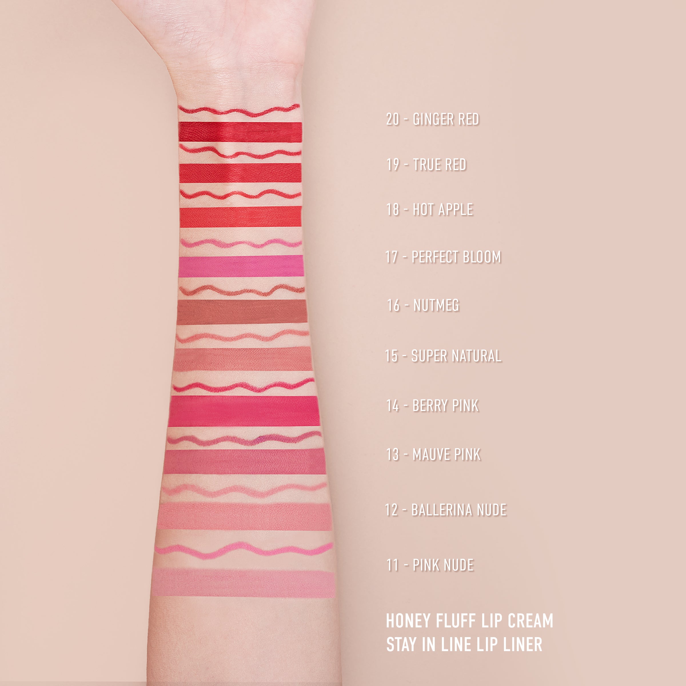 Arm displaying swatches of various lip liner shades with names listed on the side.