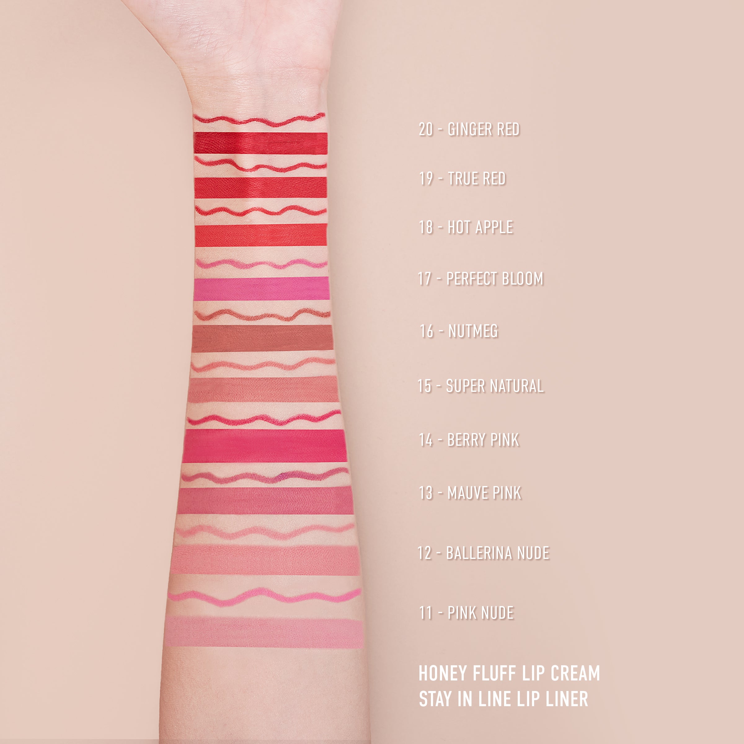 Arm showing swatches of various lip cream and liner shades next to their names.