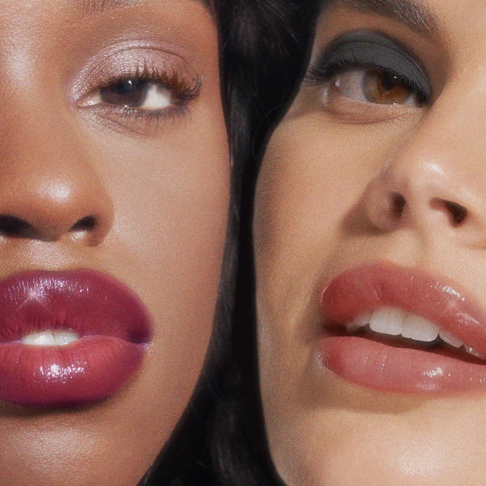 Close-up of two people with glossy lipstick and eye makeup