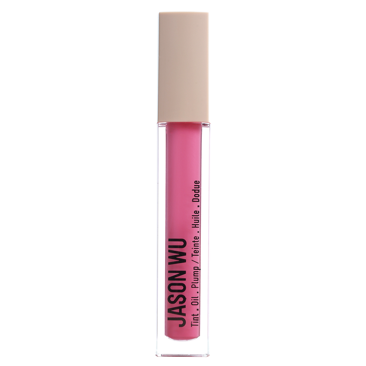 Pink lip gloss tube with beige cap and brand label