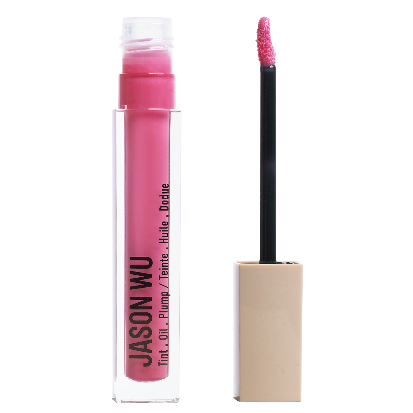 Pink lip tint with applicator wand and visible brand label