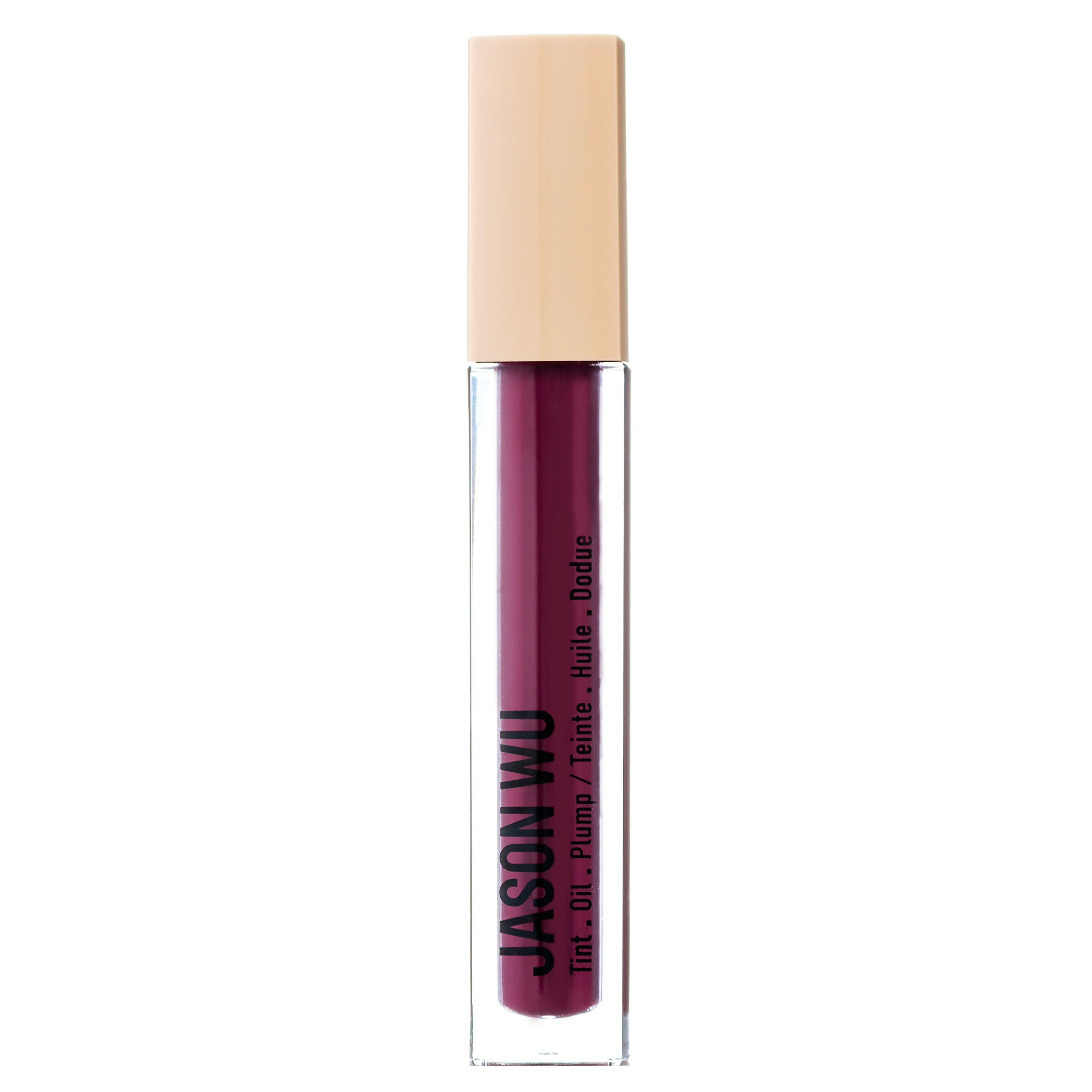 Purple lip gloss in a clear tube with beige cap